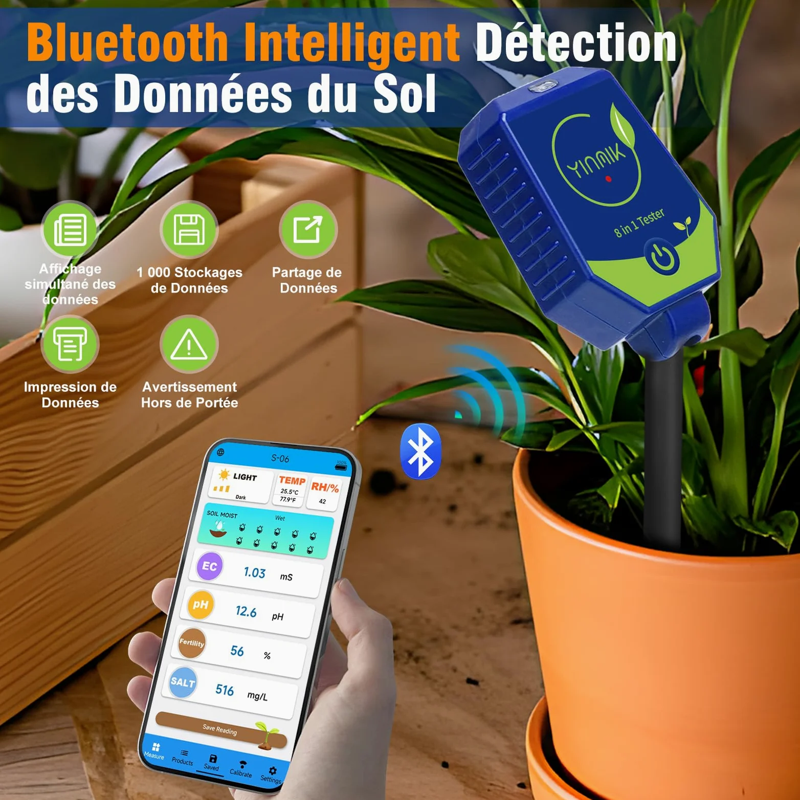 YINMIK Testeur de pH du Sol de Jardin, Humidimètre du Sol | Kit de Test Intelligent 8 en 1 pour leSol, Convient pour : Jardins, Pelouses, Serres, Agriculture et Cours Arrière
