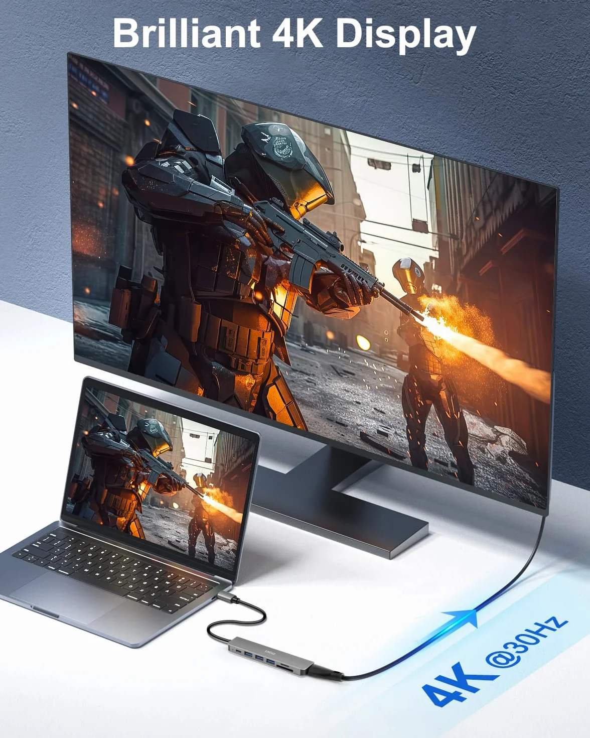 Hub USB C 7-en-1, Adaptateur USB C HDTV 4K 100W PD 3 Ports USB-A Lecteur de Cartes SD/TF