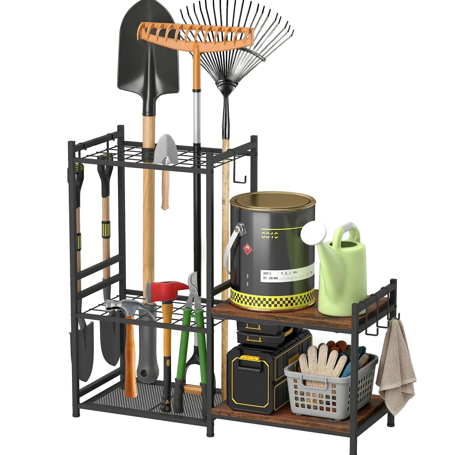 uyoyous Range outils de Jardin étagère à outils à 3 niveaux avec 6 crochets | organiseur d'outils de jardin pour stockage extérieur rangement grande capacité supprort de garage