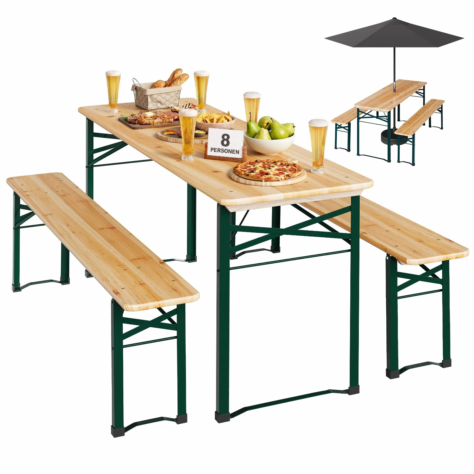 WOLTU Ensemble de Table et Banc de Brasserie 3 Pièces Table Pliante Extérieure avec 2 Bancs Pliables en Bois et Métal