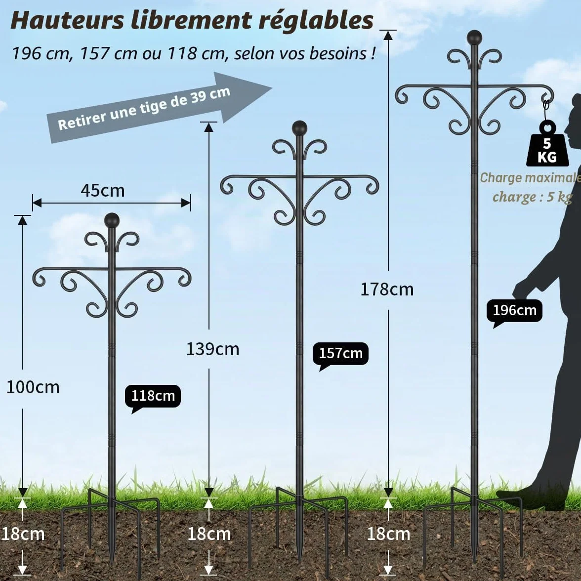 Support de suspension pour mangeoire à oiseaux 196 cm noir