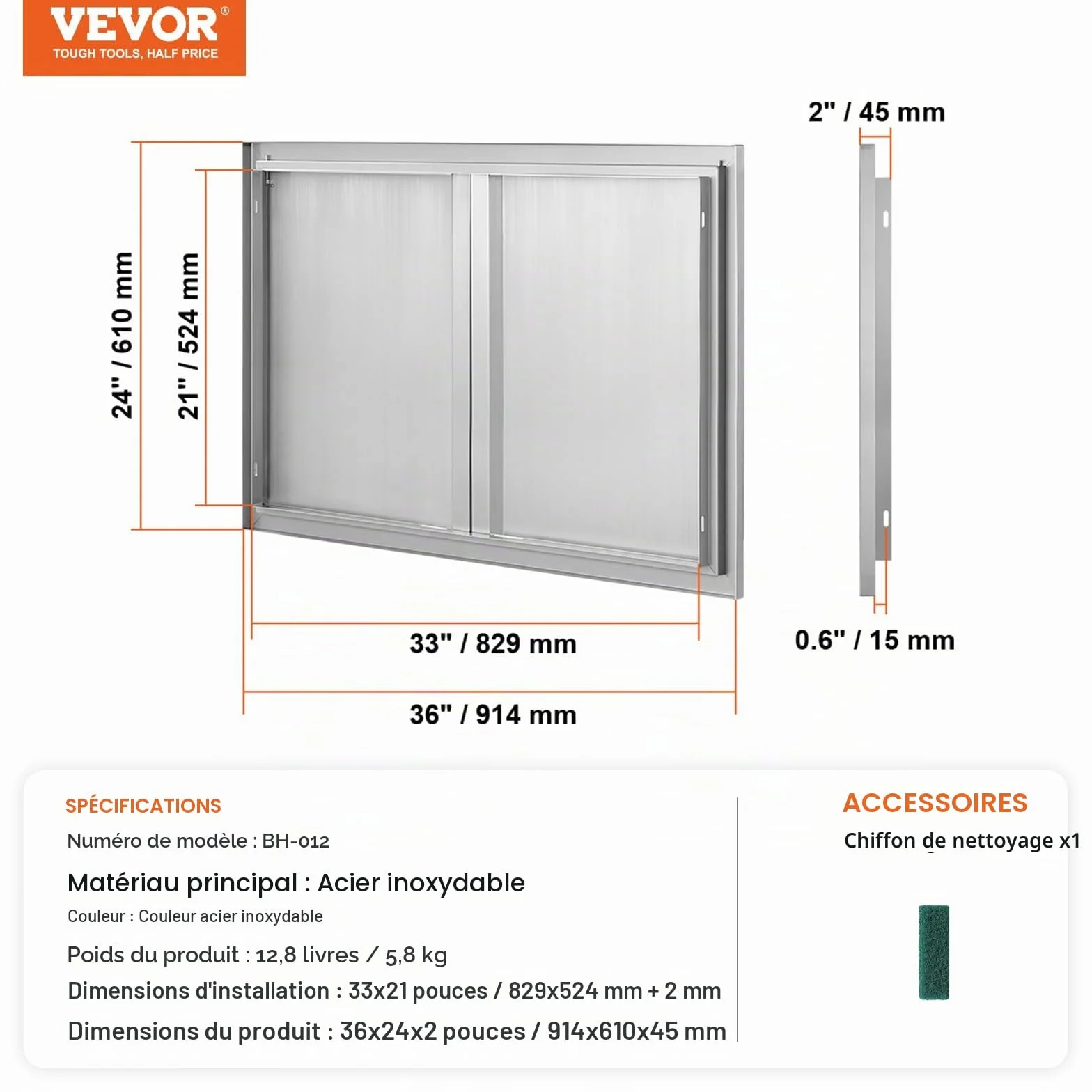 VEVOR Porte d'Accès pour Barbecue Double 914x610x45 mm Inox Poignée Encastrée