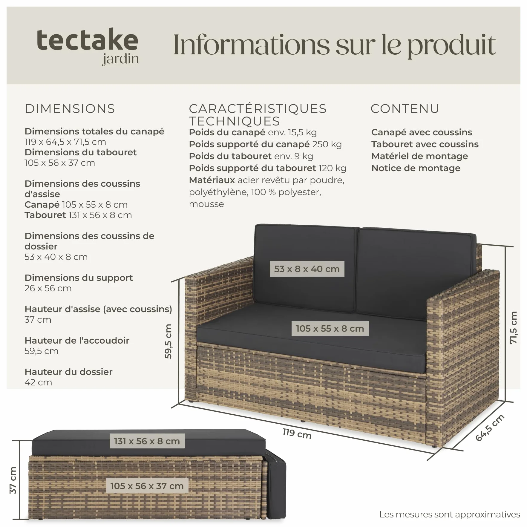 Tectake Salon de Jardin Poly Rotin Modulable Bain de Soleil 2 Places 1 Canapé 1 Tabouret Pouf Repose-pieds Inclinable