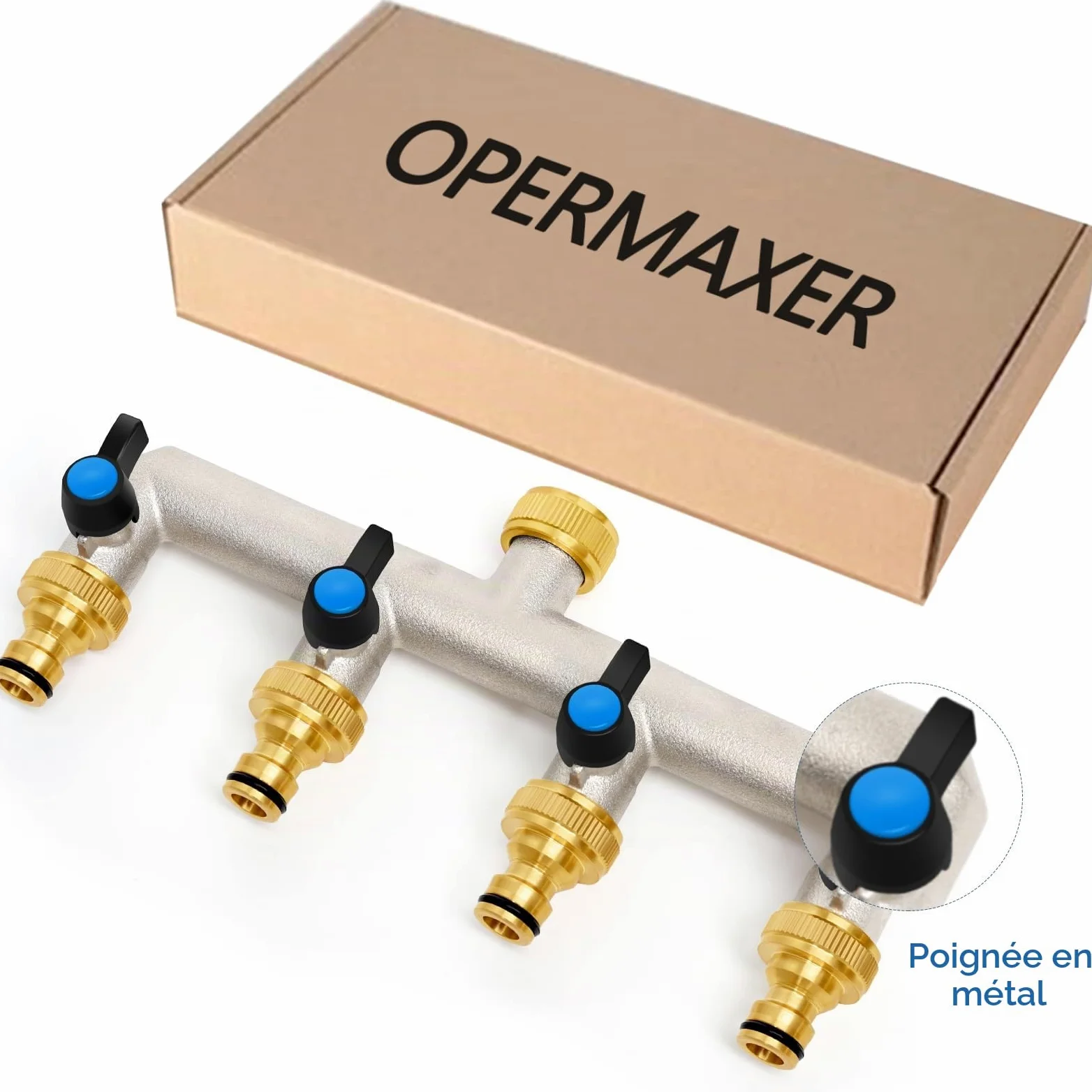 Distributeur d'eau 4 voies en laiton pour 4 appareils/tuyaux d'arrosage, 4 adaptateurs 3/4" 1/2" avec robinet à boisseau sphérique pour régler et fermer le débit d'eau