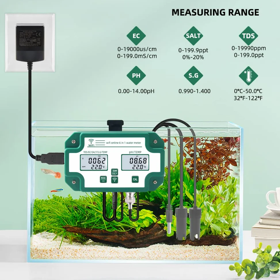 Testeur de qualité de l'eau 6 en 1 WiFi Moniteur de qualité de l'eau multiparamètre Numérique PH/Solides totaux dissous/EC/S.G/Salt/Temp Meter pour Aquaculture Piscine