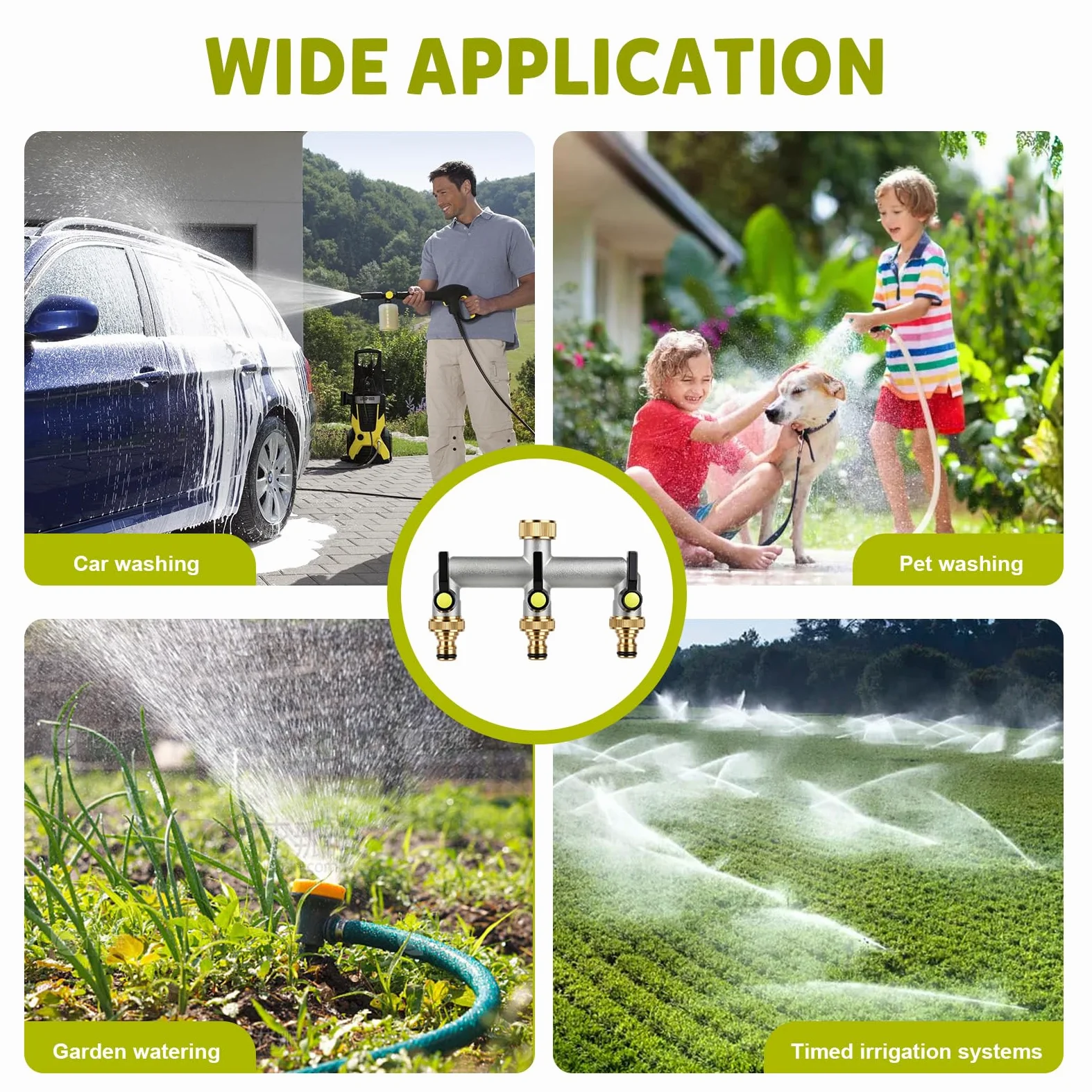 Répartiteur de Tuyau d'arrosage 3 Voies en Laiton avec Adaptateur | Adaptateur 3/4" vers 1/2", vannes à boisseau sphérique, levier allongé, jardin, maison, arrosage
