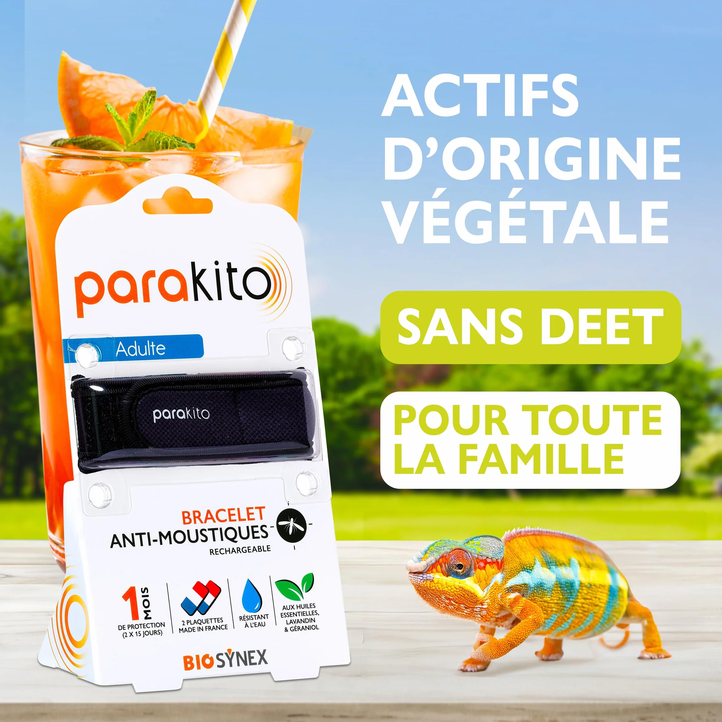 PARAKITO Bracelet Anti-Moustiques Réutilisable 2 Plaquettes Huiles Essentielles 1 Mois Protection Sans DEET Taille Adulte Noir