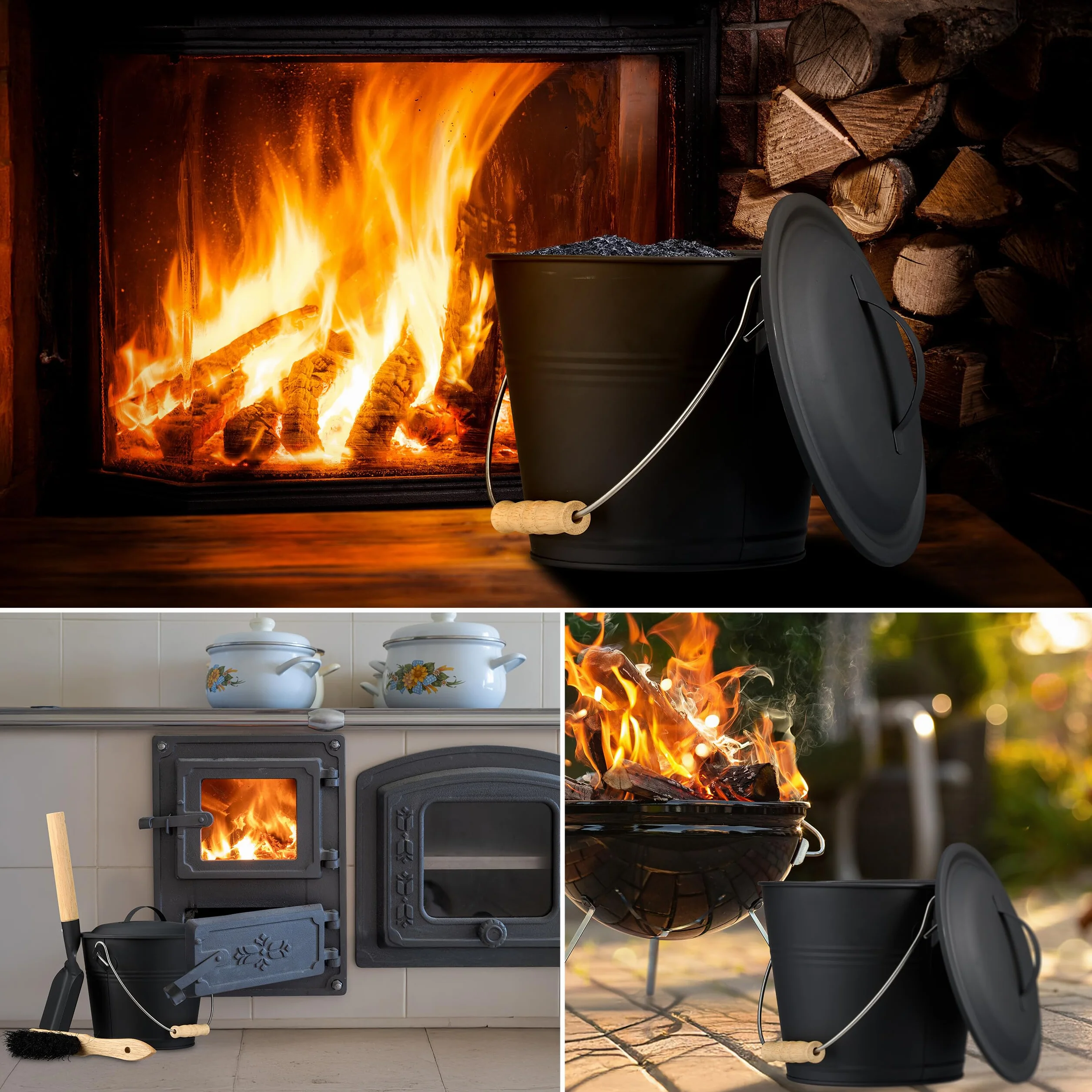 Relaxdays Seau à Cendres 4,5 litres avec Couvercle et Pelle Balayette Noir