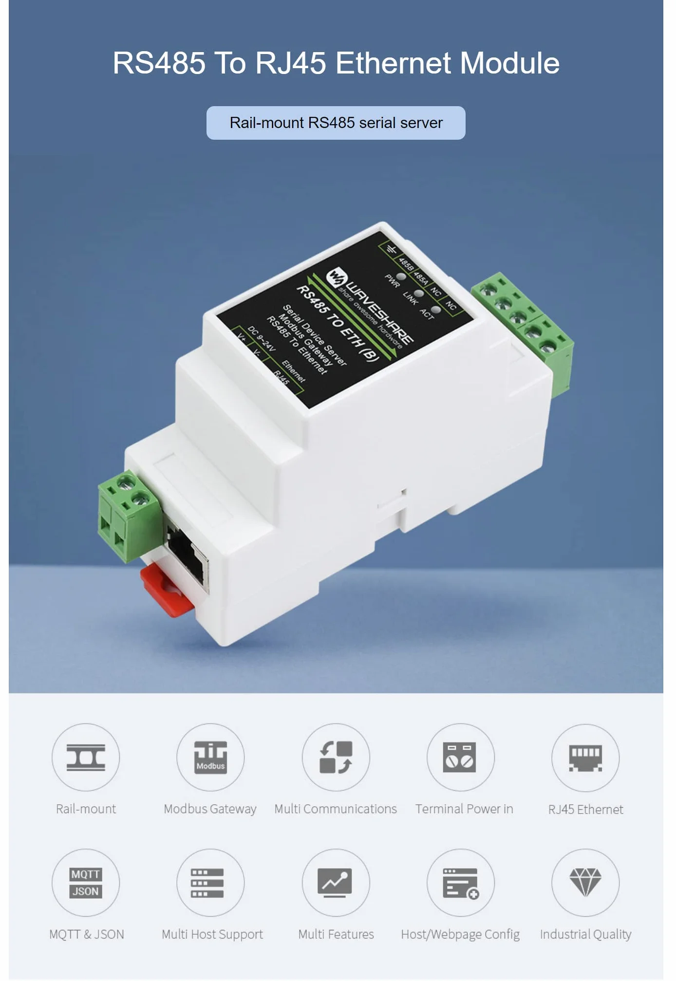 Industrial Serial Server TCP/IP RS485 RJ45 Ethernet Rail-Mount Modbus MQTT Gateway