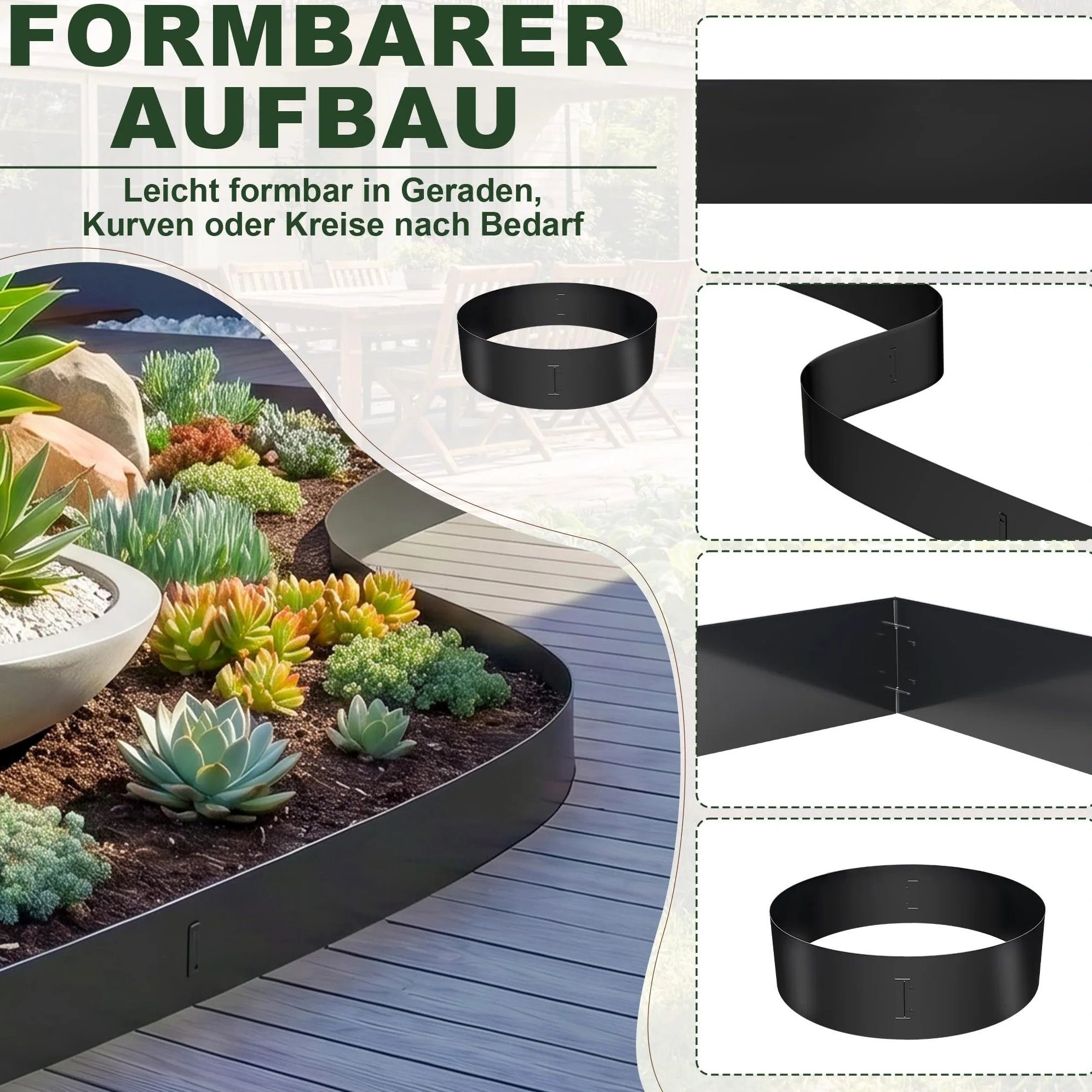 LARS360 Bordure de pelouse - En métal galvanisé - Bordure de tonte - En métal - Bordure de parterre - Noir - Disposition d'épissure (20 m, 100 x 18 cm)