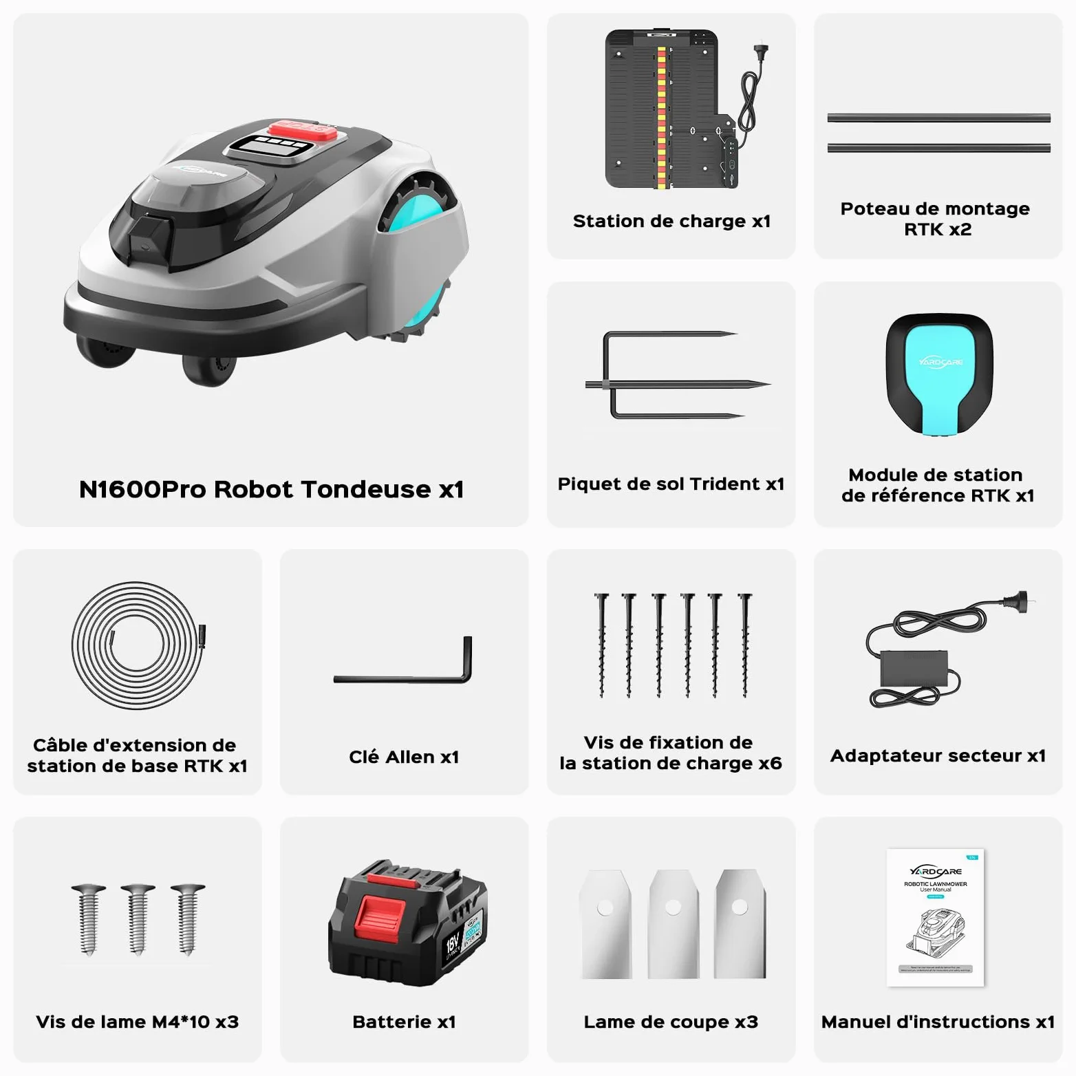 YARDCARE N1600PRO Robot Tondeuse sans câble périphérique, jusqu'à 1600 m², Navigation RTK et Vision IA, détection de Plus de 300 Obstacles, Tonte en U, APP Gestion Multi-Zones et Hauteur 20–60 mm