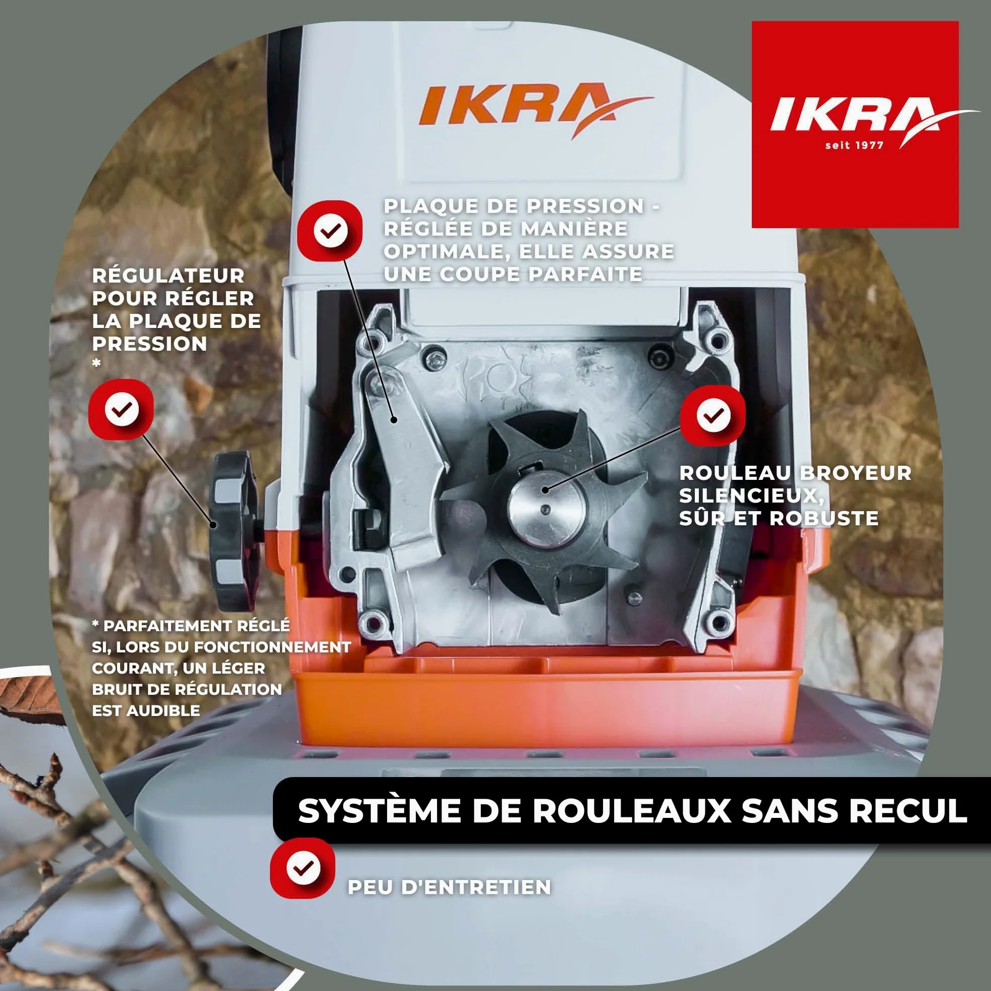 IKRA broyeur électrique à rouleaux ILH 3000A, avec lunettes de protection | Silencieux & robuste, puissance de 3000W, alimentation automatique des branches, marche arrière, pour branches jusqu'à 44 mm
