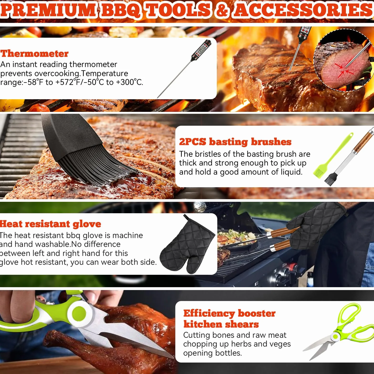 Kit Barbecue 34 Pièces, Ustensiles en Acier Inoxydable, avec Sac de Rangement et Tapis de Cuisson