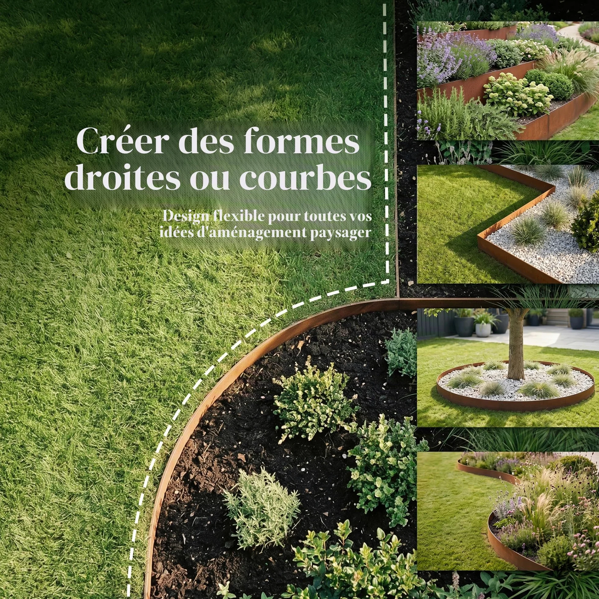 Lot de 6 bordures de pelouse en acier Cor-Ten avec bande adhésive - 1 m (L) x 14 cm (H) - Revêtement en poudre marron - Bordure de paysage - Séparateur de jardin - 7 clips - K649B04