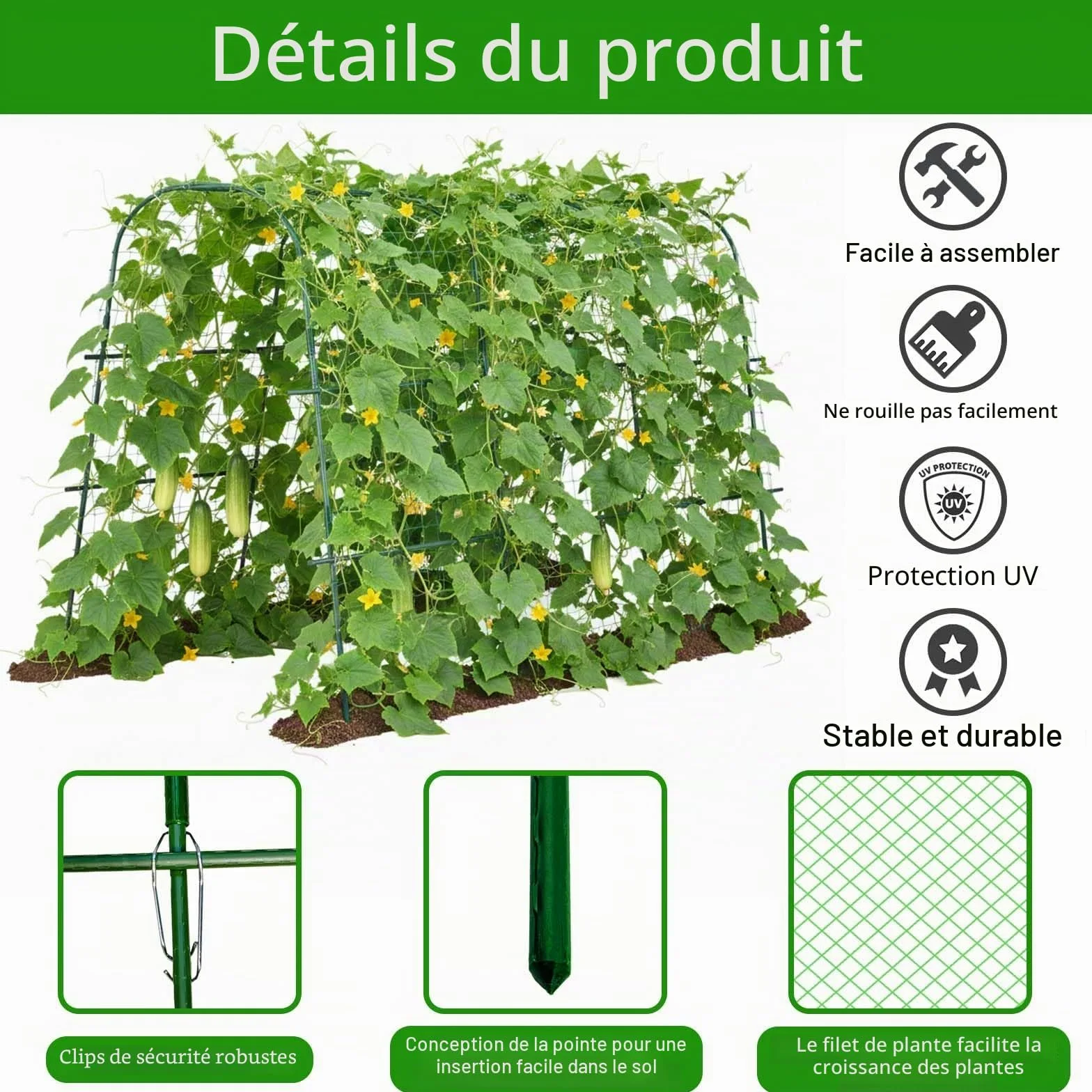 Treillis de concombre 163 x 122 cm pour plate-bande surélevée, plantes grimpantes de jardin en forme de U, treillis en métal pour extérieur, support amovible pour courgettes, concombres, plantes,