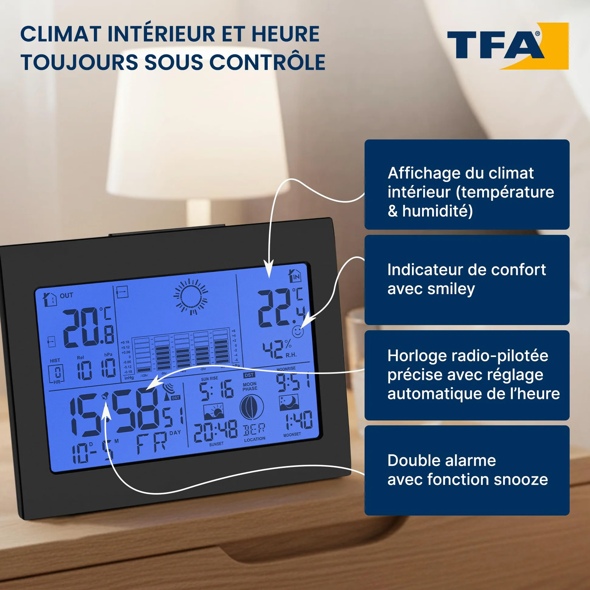 TFA Dostmann Station météo sans fil Horizon, 35.1155.01, avec capteur extérieur, phase de lune, pression atmosphérique, lever/coucher du soleil, prévisions météo, horloge radio-pilotée, noir