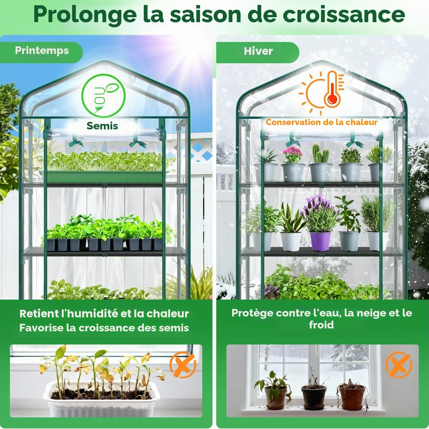 Ohuhu Petite Serre en Film Plastique de qualité supérieure avec Roues de Verrouillage - avec 4 étagères - Peu encombrante - pour Balcon et Jardin - 69 x 48 x 162 cm - Transparent