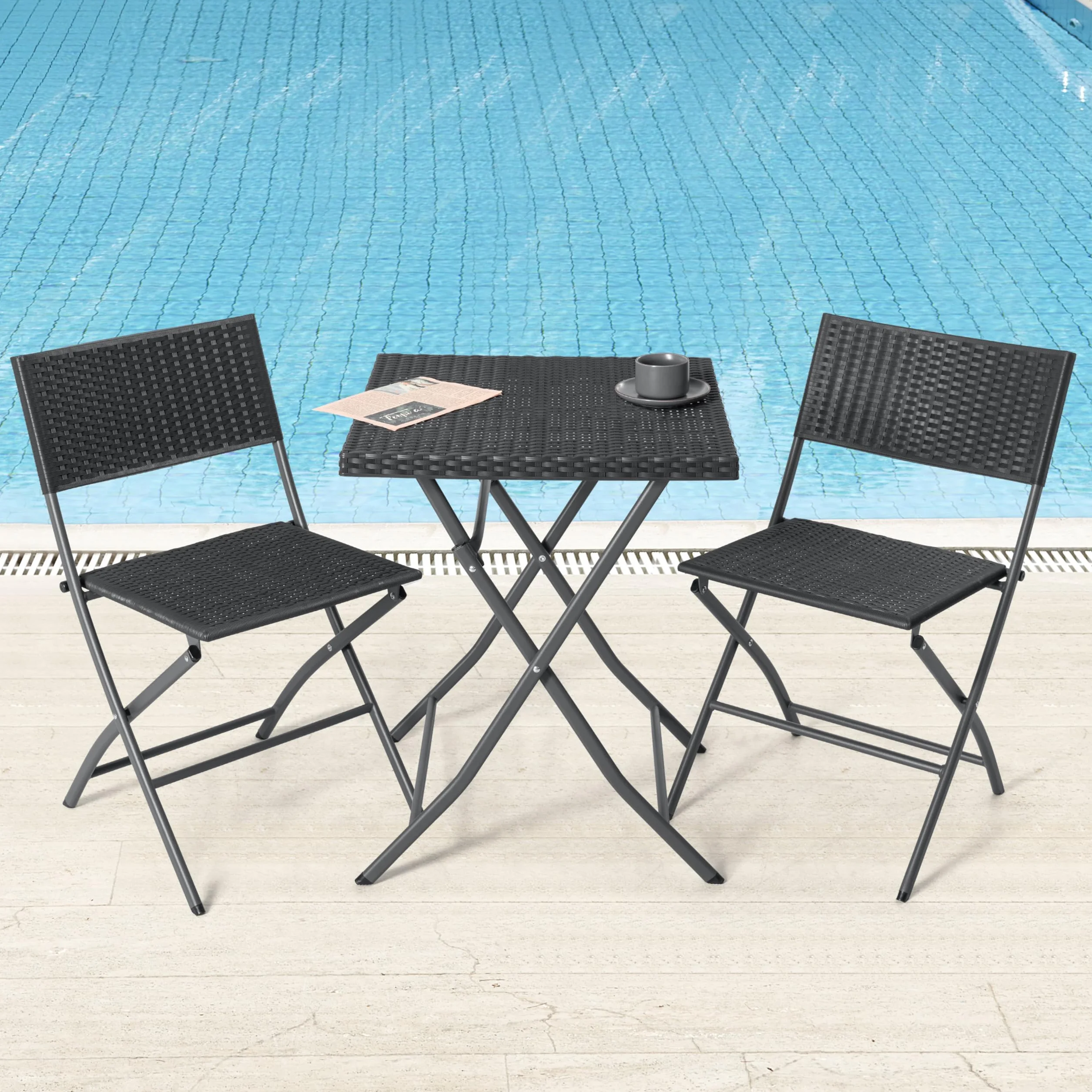 Avestar Ensemble de Bistrot Pliable 3 Pièces Table & 2 Chaises en Rotin PP, Résistant aux Intempéries, Noir