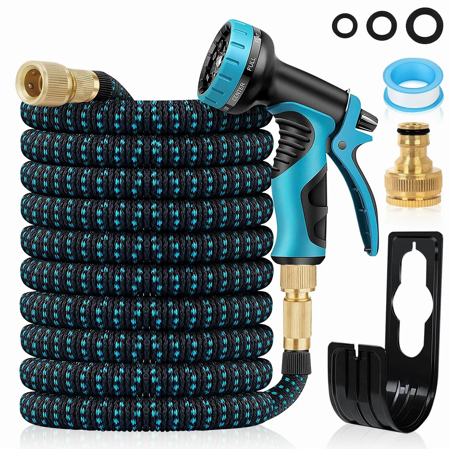 Tuyau d'arrosage extensible de 30,5 m avec buse à 10 fonctions, 4 couches de latex et raccord en laiton massif de 1,9 cm, anti-fuite, facile à utiliser (bleu)