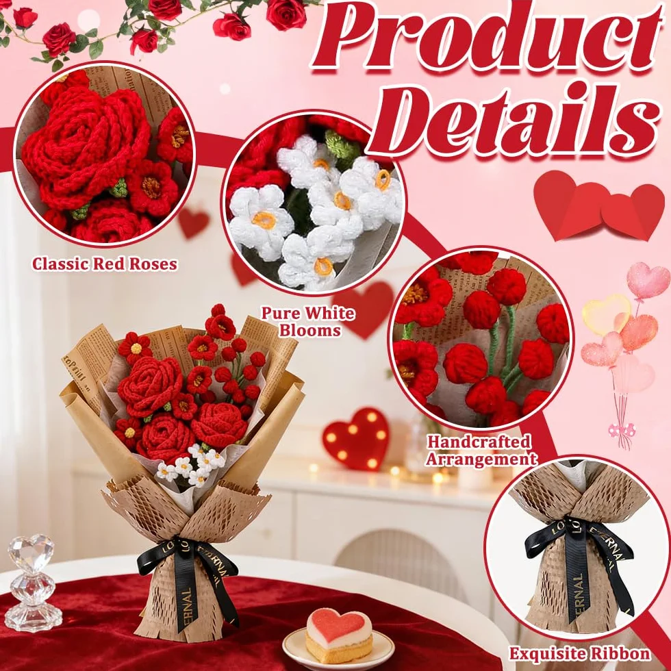 NAVESO Bouquet de fleurs en crochet fait à la main, roses rouges éternelles pour Saint-Valentin