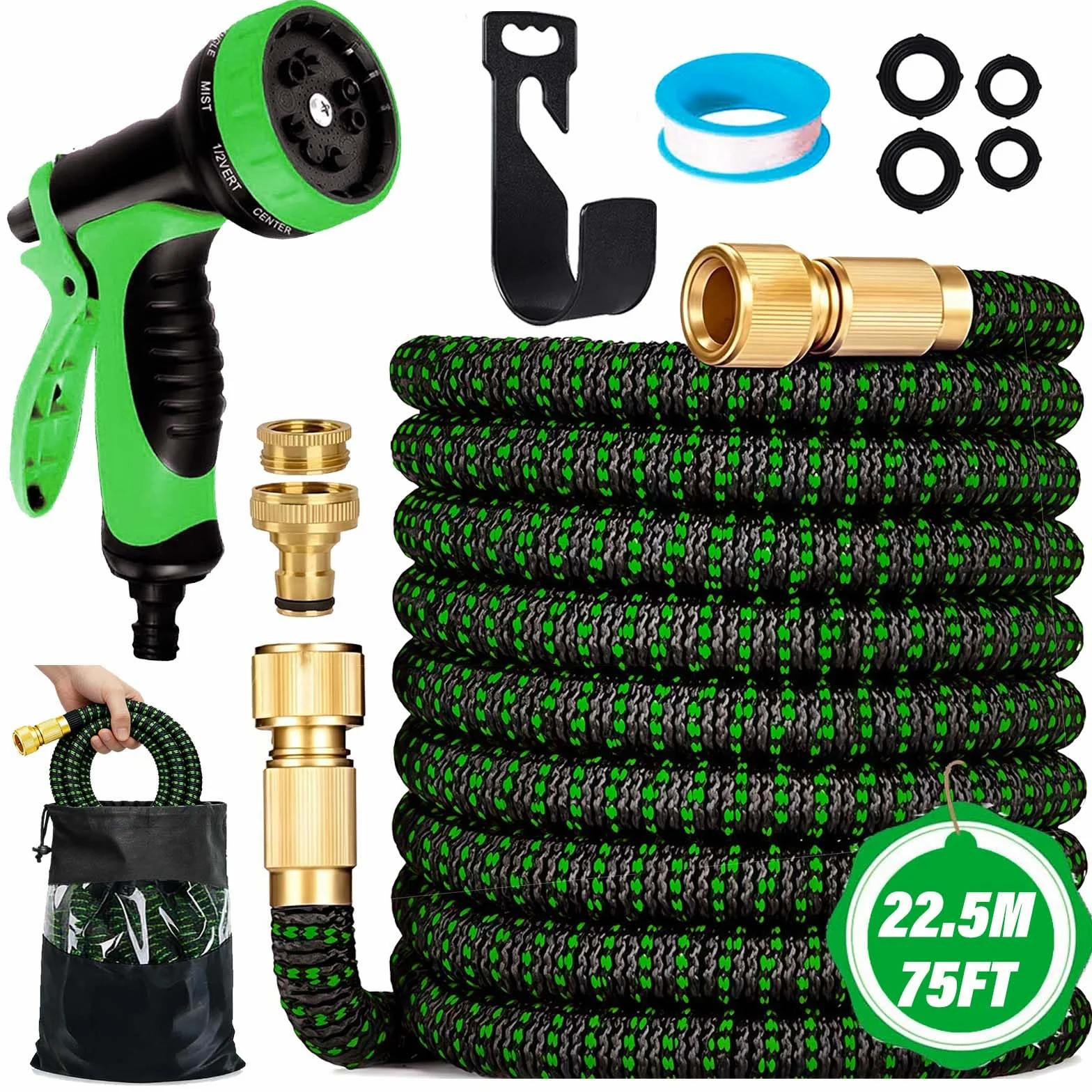 Tuyau d’Arrosage Extensible 22.5M – Tuyau Jardin Rétractable & Anti-Fuite – Pistolet 10 Jets, Raccords Renforcés, Sac & Support – Flexible Haute Pression Auto/Balcon – Vert
