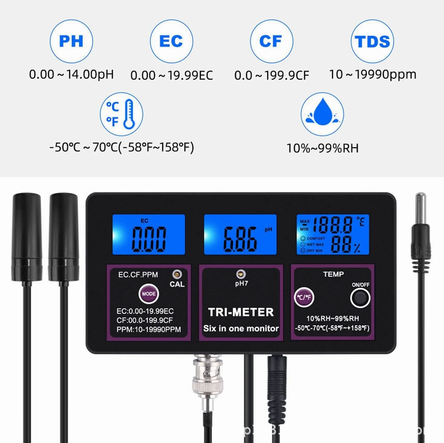 Testeur de qualité de l'eau 6 en 1, multiparamètre Professionnel pour Aquarium pour Test PH/Temp/EC/CF/RH/TDS, pour Sources d'eau, Aquarium, Culture hydroponique