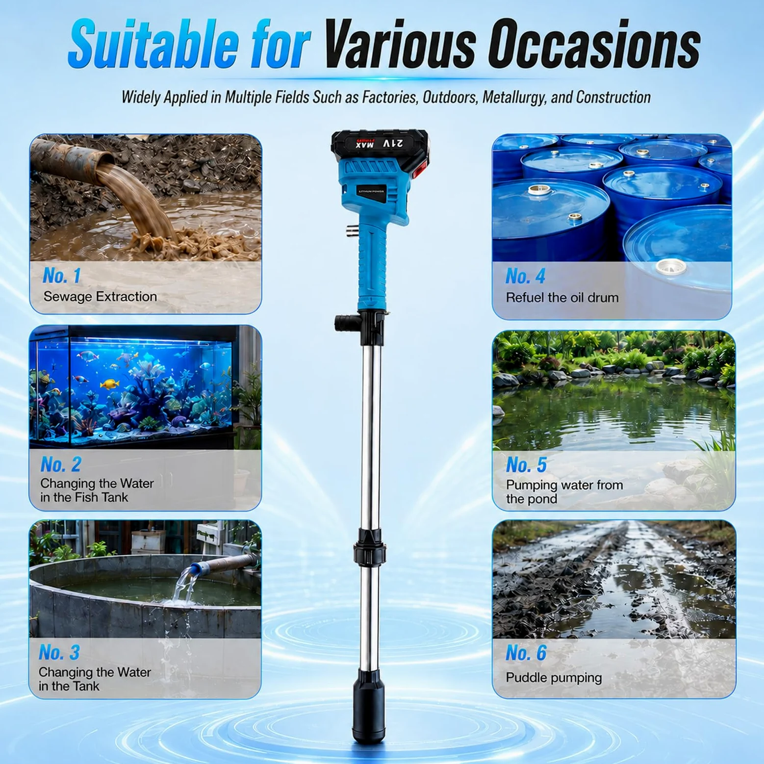Pompe à Eau sur Batterie 21V avec 8m Tuyau, Pompe à Eau Électrique sans Fil 3 Débits, Hauteur de Refoulement 8 m, 2x1500mAh Batteries Li Ion, pour Jardin Piscine Récupérateur d Eau