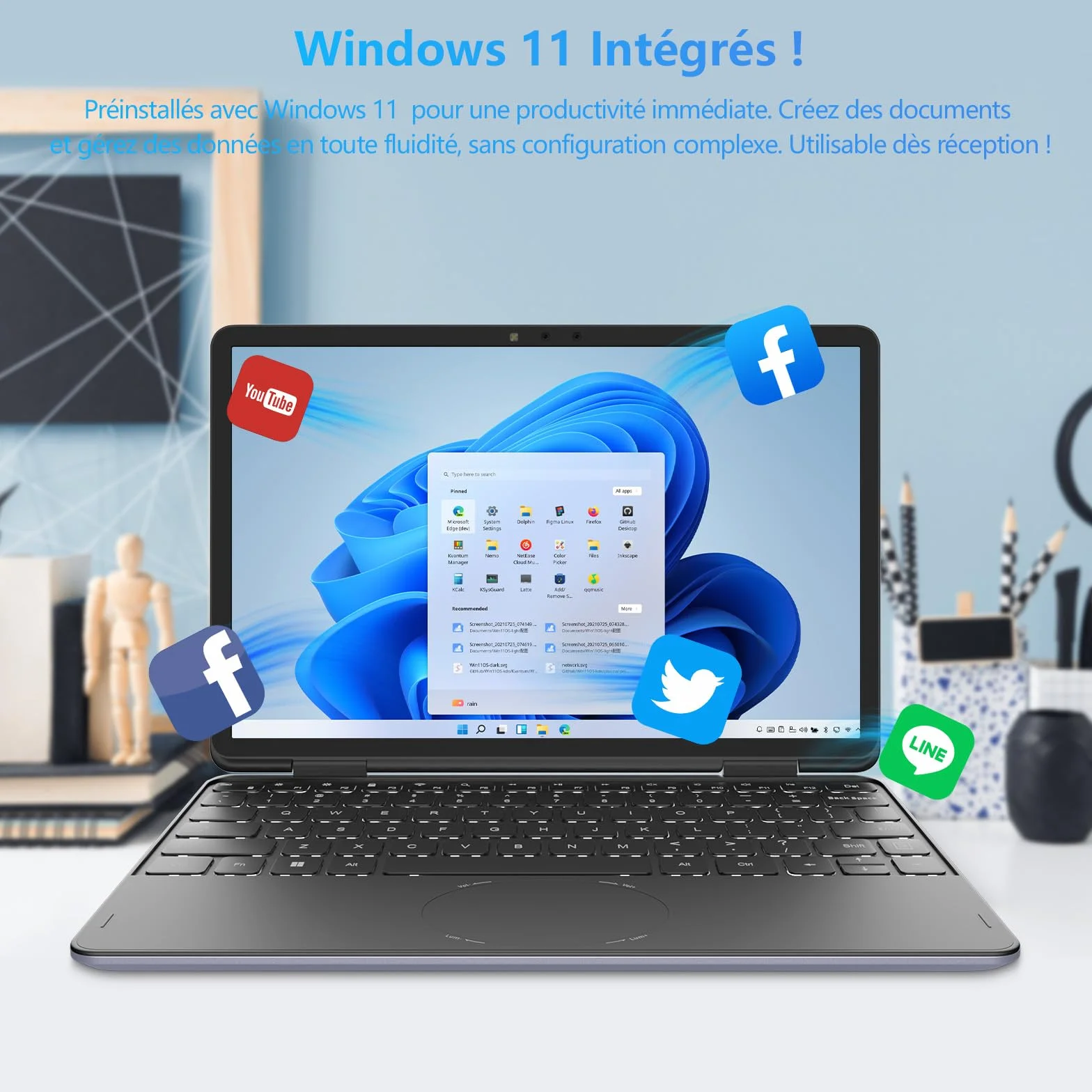 Ordinateur Portable 2-en-1 11 Pouces Tactile Celeron N100 16 Go DDR4 1920x1200 IPS Clavier Rétroéclairé Gris