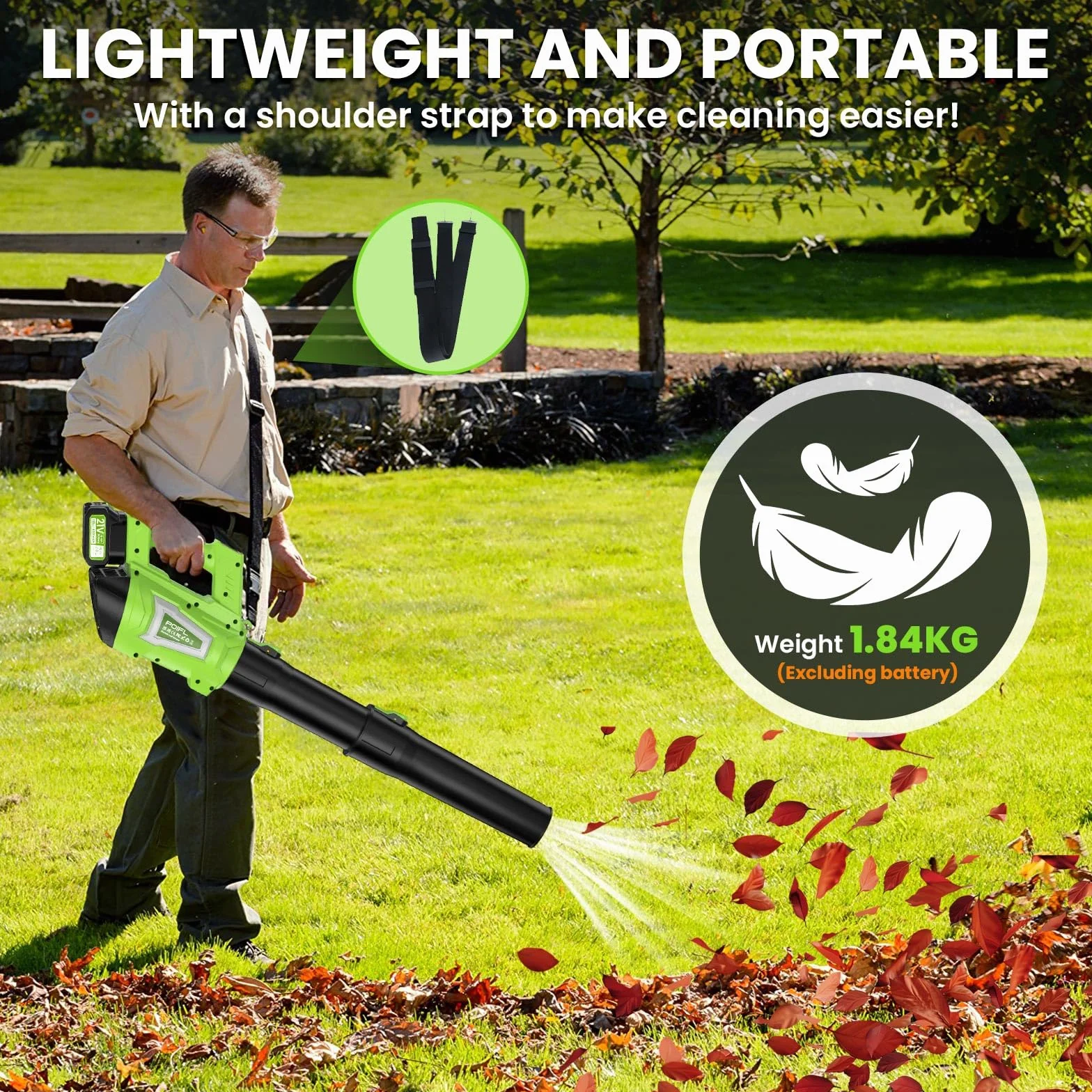 Souffleur de Feuilles sans Fil, 1200W Souffleur Batterie avec 6 Vitesses, 780 m³/h, Vitesse d’air Jusqu’à 245 km/h, Souffleur Feuille avec 2x4000 mAh Batterie & Un Sangle pour Jardin Cour Pelouse