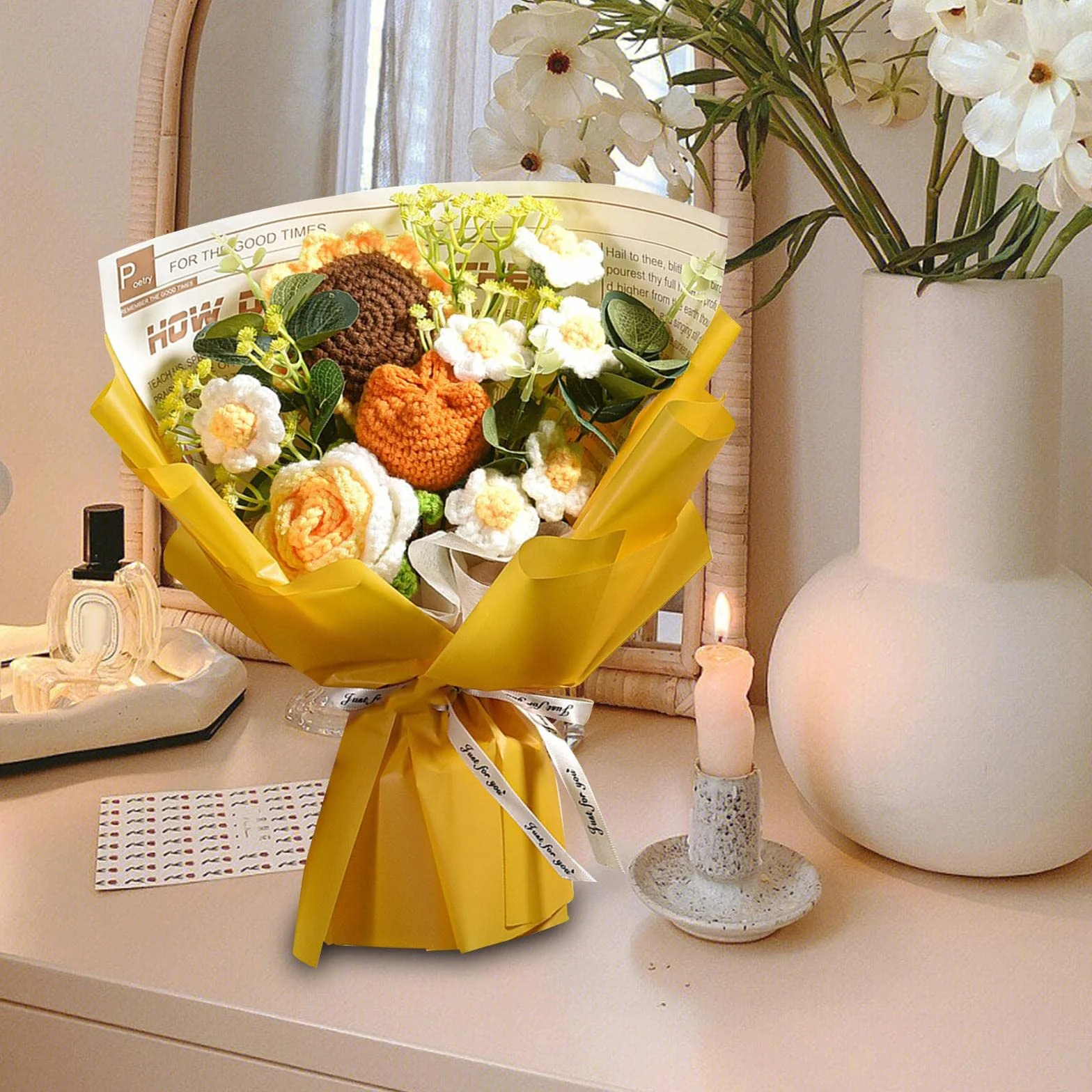 Colcolo Crochet Fleurs Bouquet DIY Décor Maison Tricot Daisy Bouquet Table Centre de Table Décor Journal Jaune