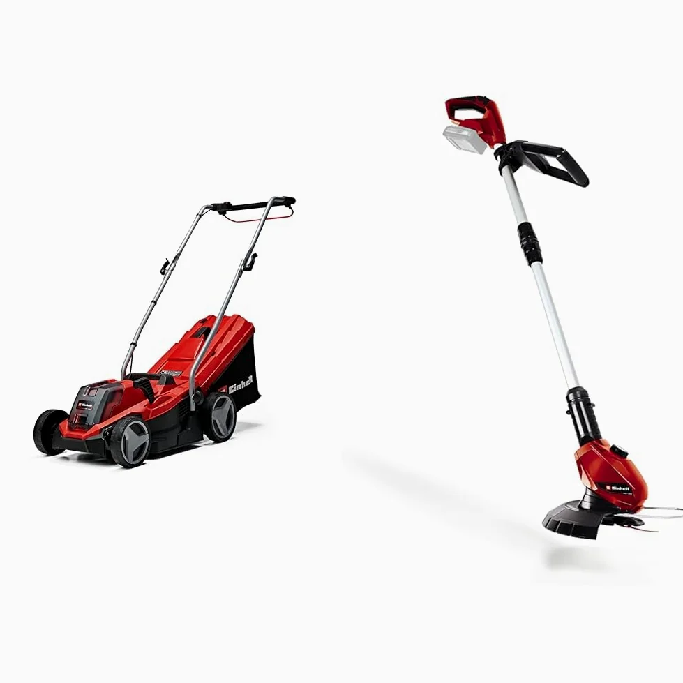 Einhell Tondeuse à Gazon sans Fil GE-CM 18/33 Li Kit Power X-Change (18V, Largeur de Coupe 33cm, Surface conseillée 200 m²) avec Batterie 4,0 Ah et Chargeur + Coupe-Bordures sans Fil GE-CT 18 Li
