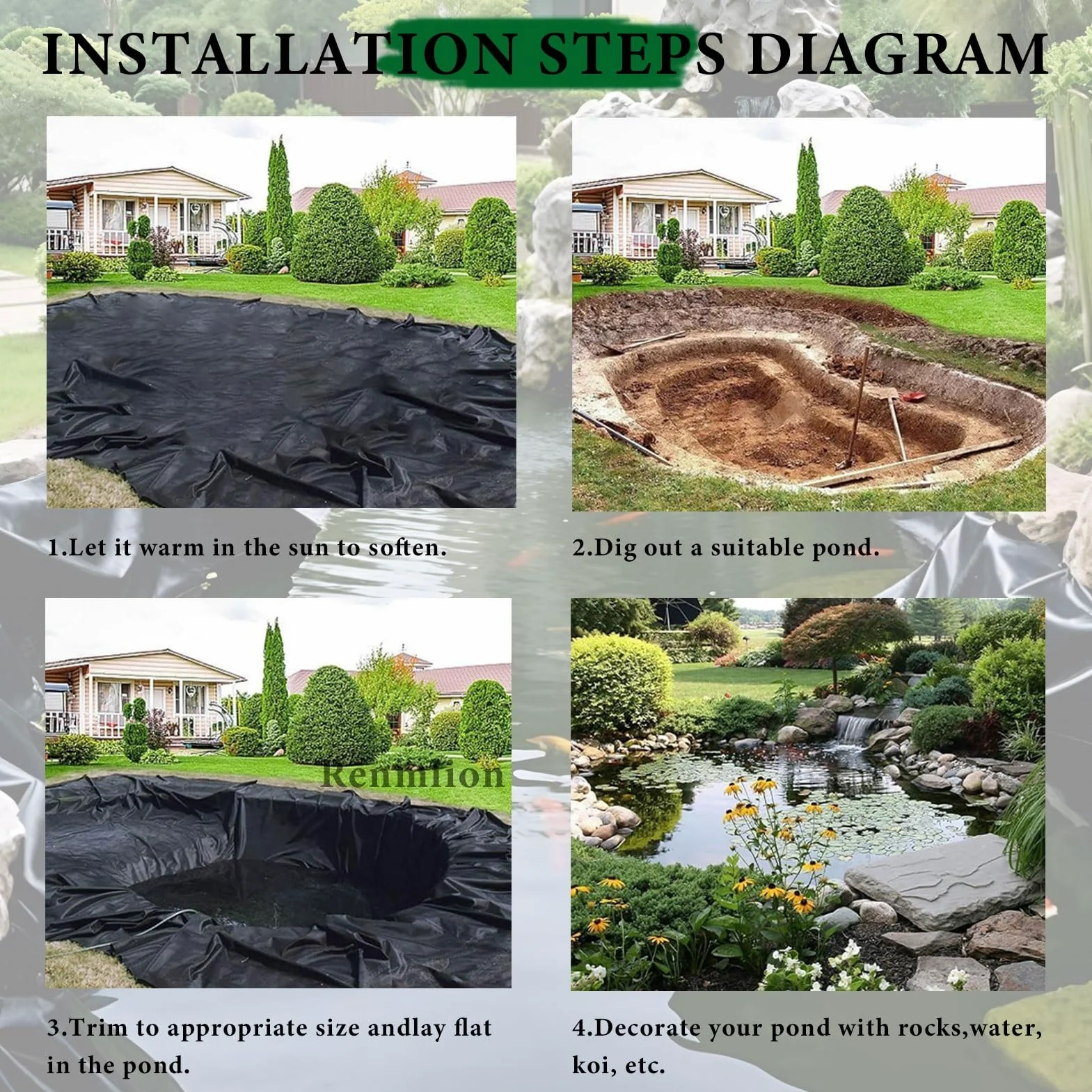 3x4m 4x6m 5x8m 8x10m 10x12m Revêtement d'étang EPDM - Sous-couche de bassin durable Membrane imperméable pour piscine - Film d'étanchéité Bâche de film de piscine résistante à l'humidité(4x4m)
