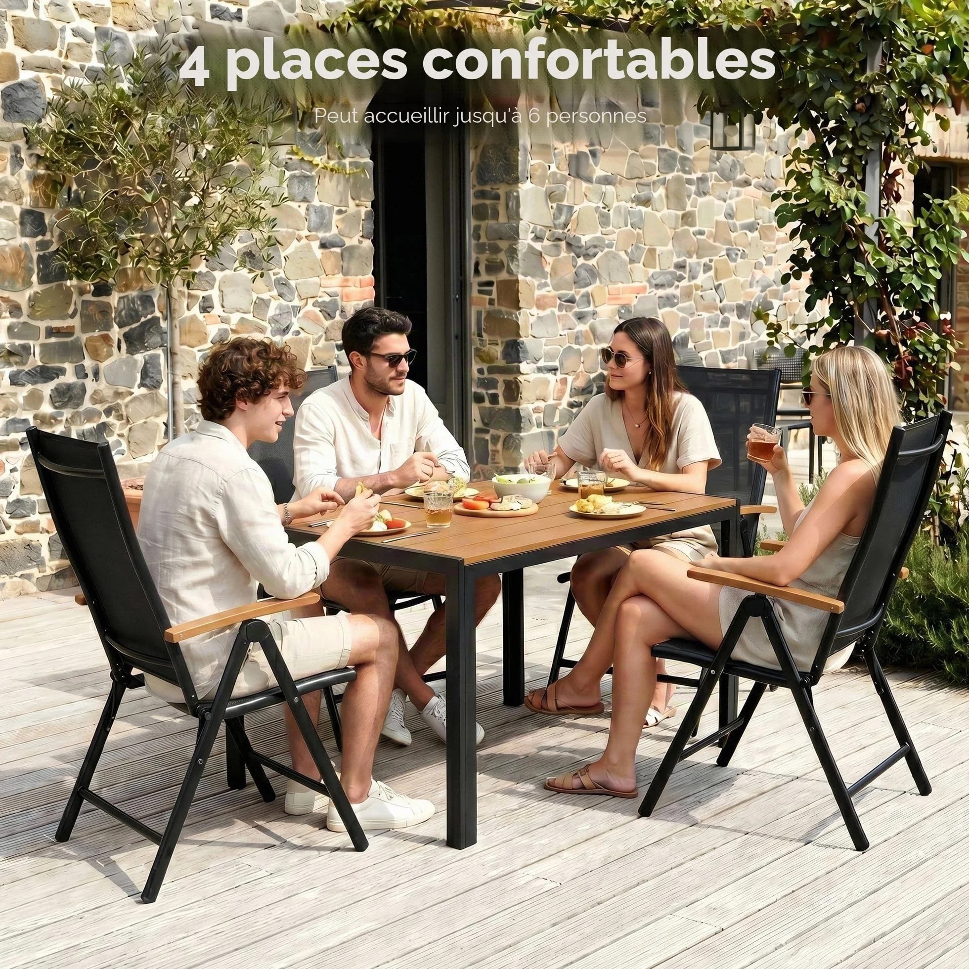 LIFERUN Table de Jardin 110x70 cm WPC pour 4-6 Personnes avec Cadre en Aluminium Brun Teck