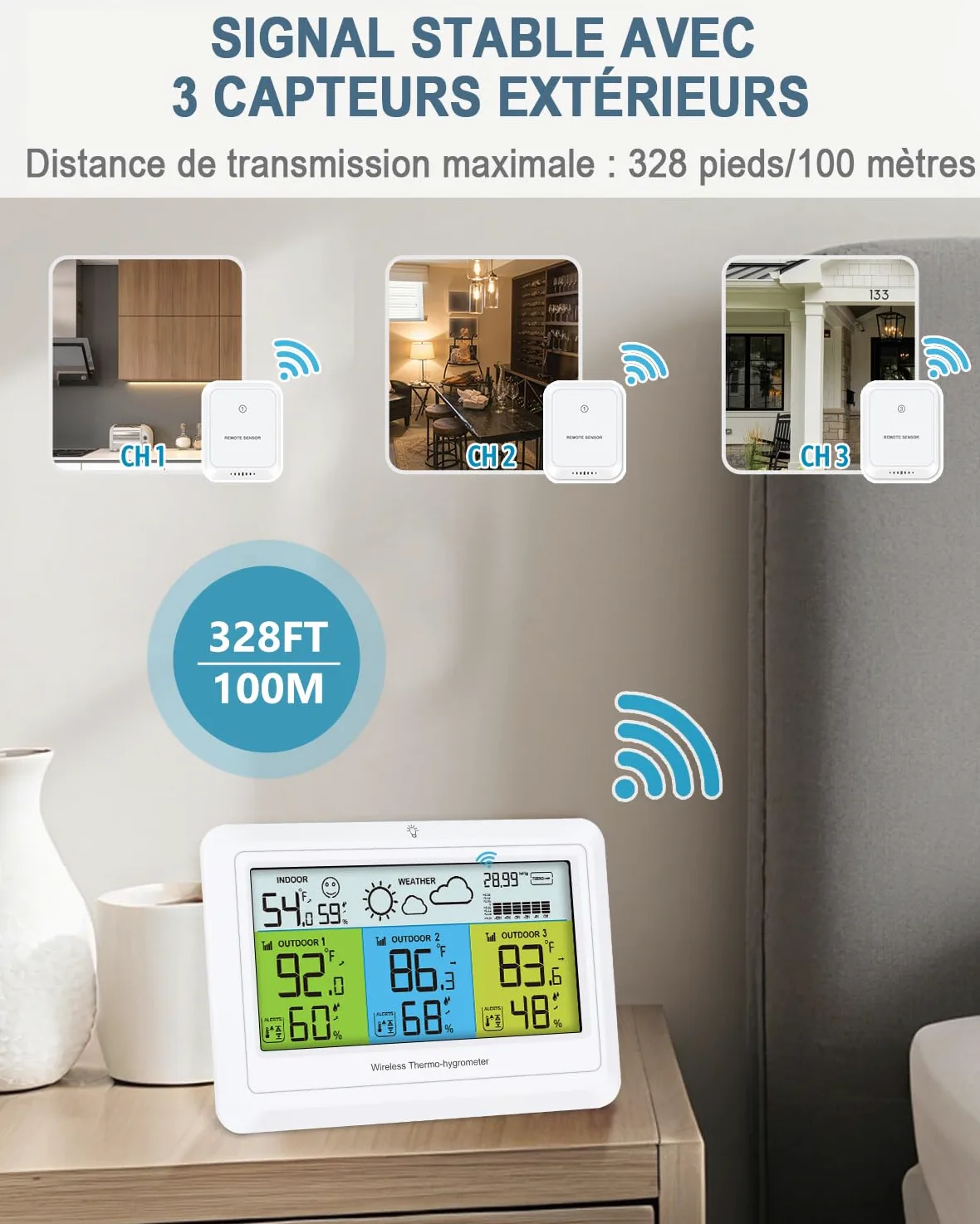 Station météo sans fil avec 3 capteurs extérieurs, écran LCD couleur avec prévisions météorologiques, pression atmosphérique, thermomètre intérieur extérieur, portée jusqu'à 100 m, blanche