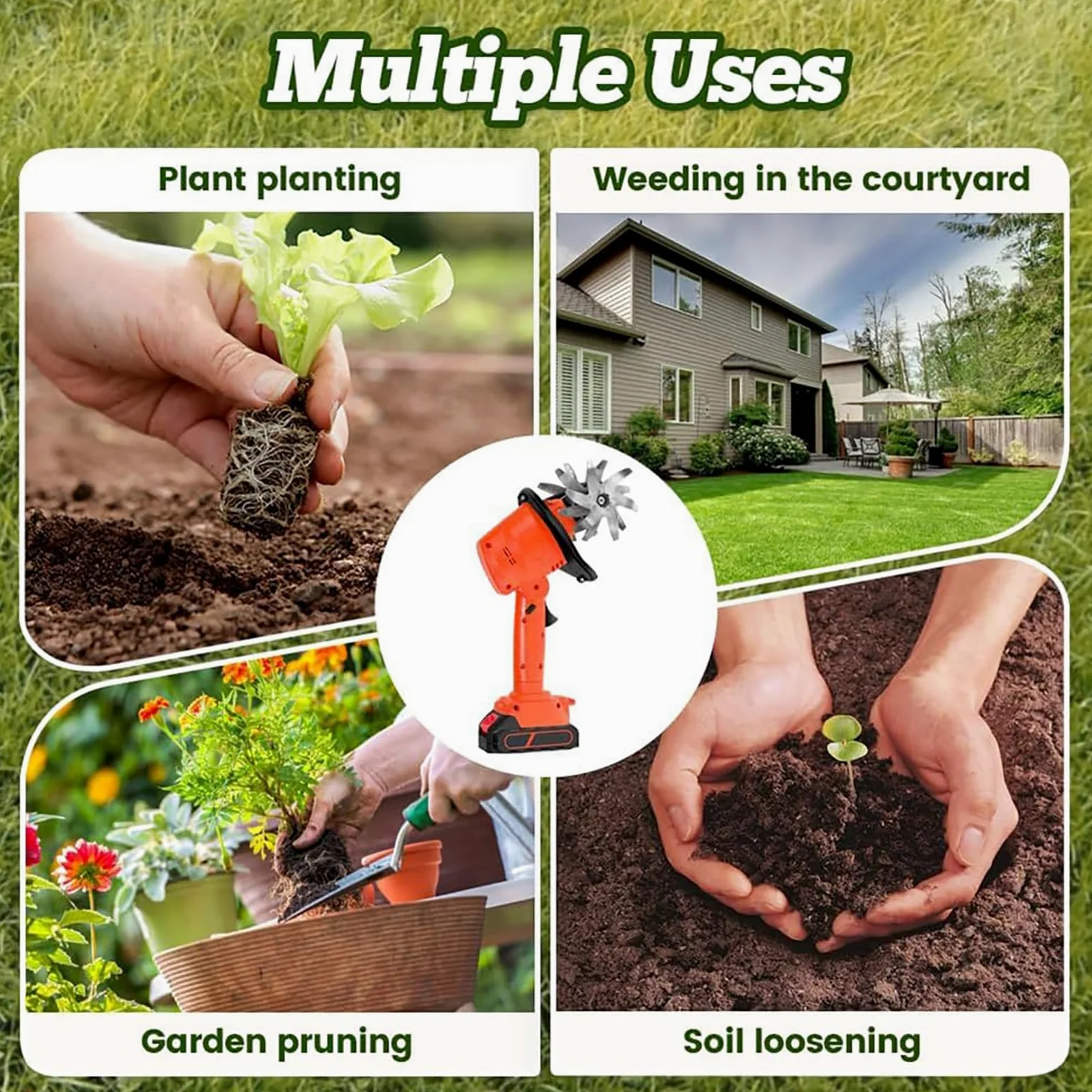 Mini cultivateur électrique sans fil 21V, rotavateur de jardin, 235 tr/min | Cultivateur de sol portatif avec 4 rangées de dents, chargeur de batteries 2x1,5 Ah, largeur de labourage de 10 cm