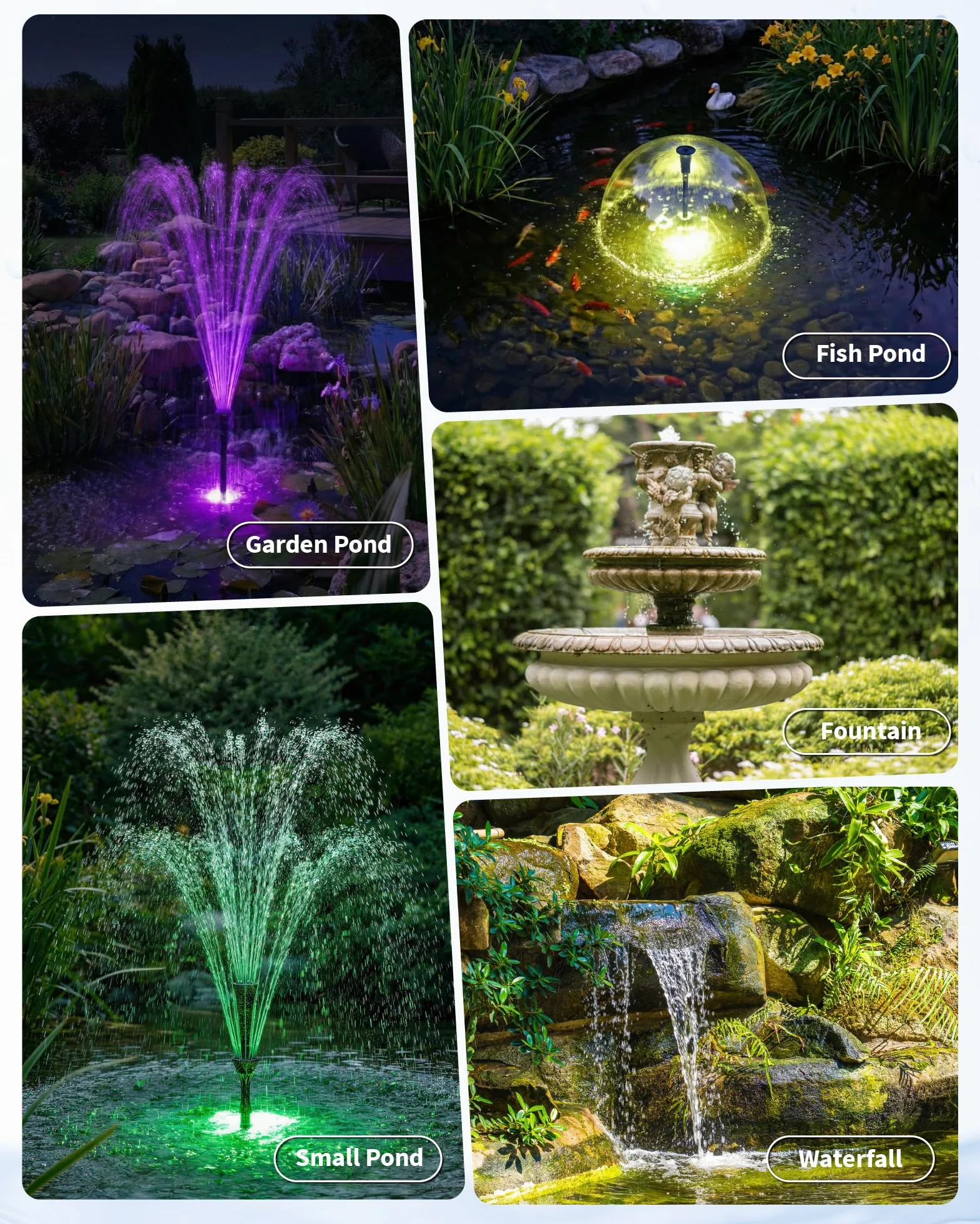 POPOSOAP Fontaine de Bassin Solaire avec lumières RGB - Pompe Submersible 40W, débit 2100L/h, Hauteur et débit réglables pour décoration Jour & Nuit et amélioration de la qualité de l’Eau