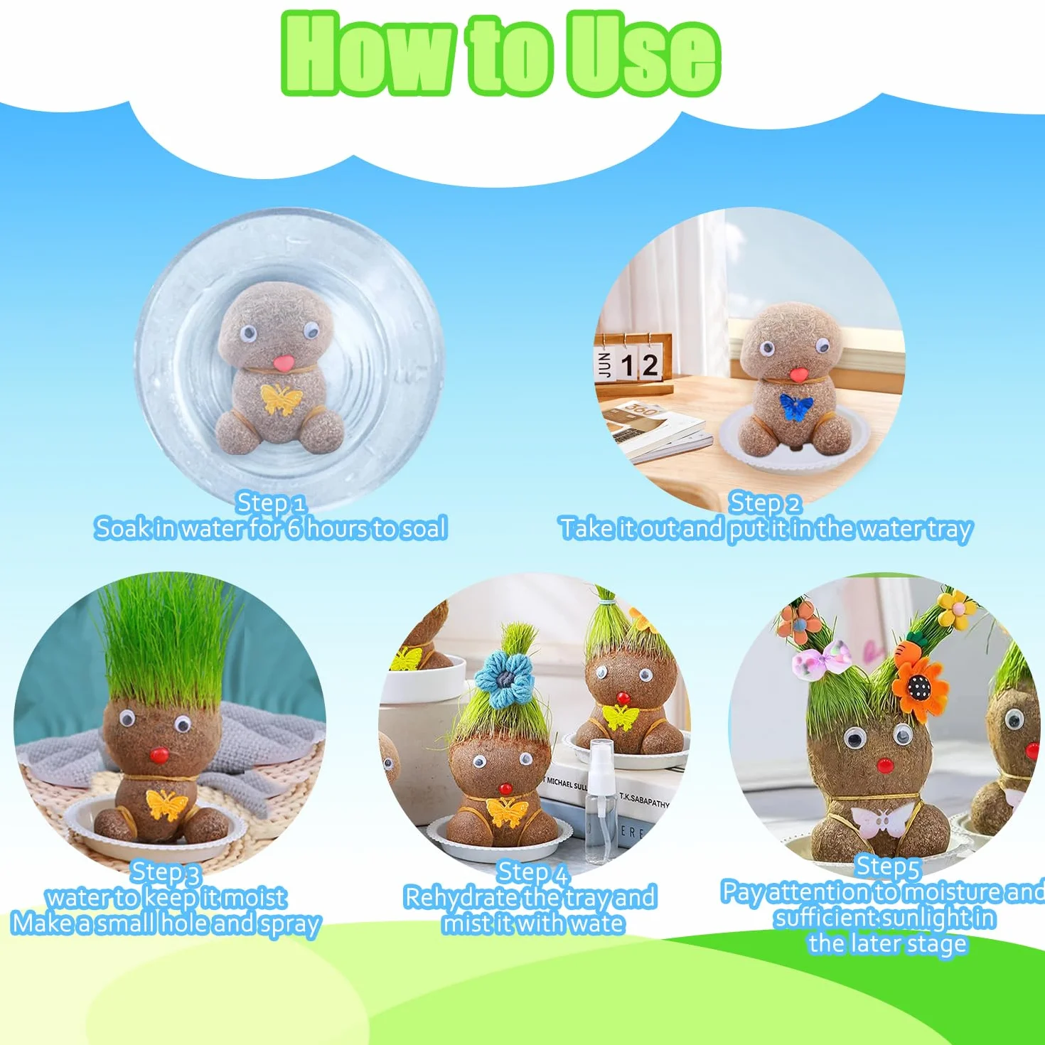Mini Bonsaï Tête d'Herbe Grass Head avec Plateau - 2 Plantes (M3)