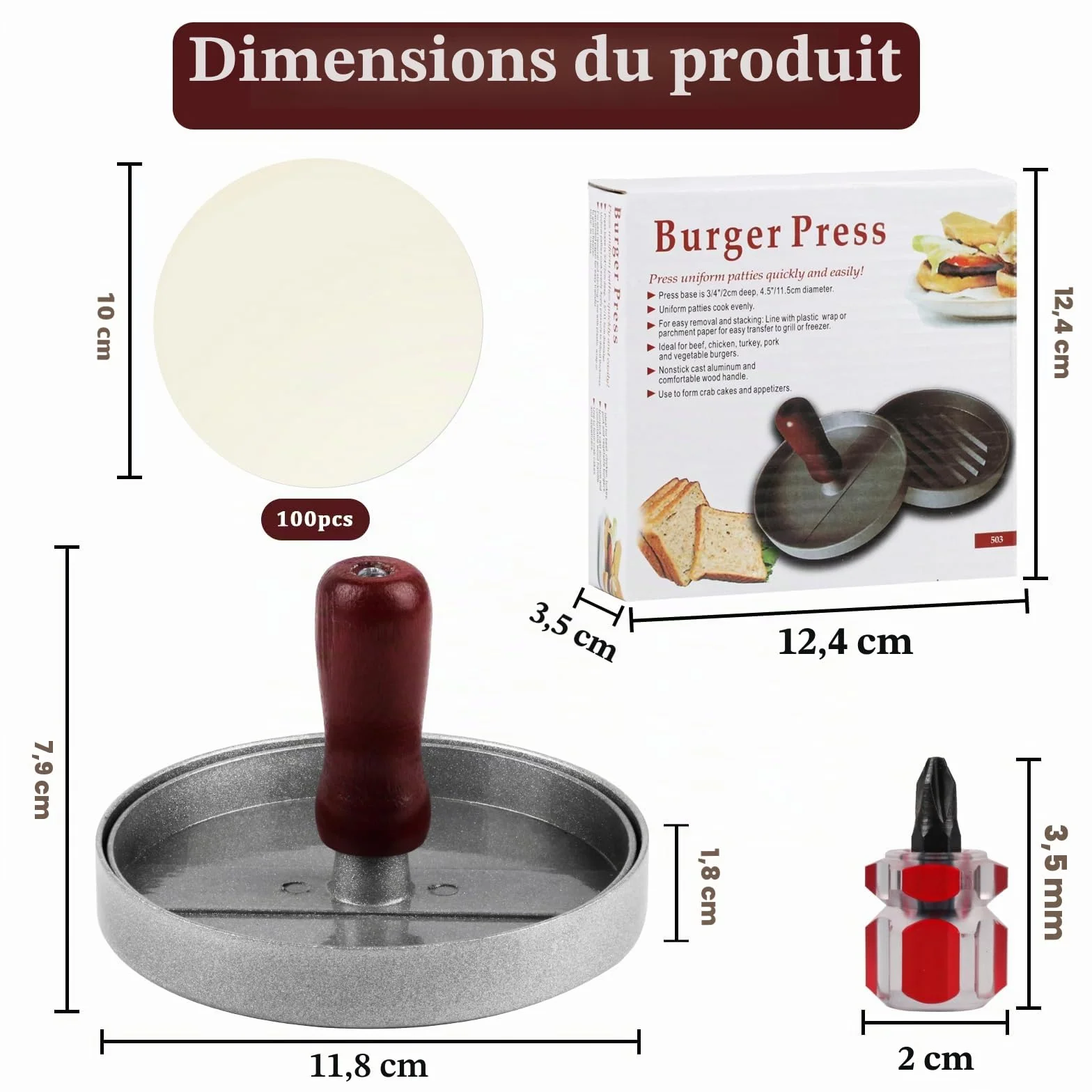 Presse à Burger en Aluminium avec 100 Papier Silicone, Moule à Viande pour Hamburgers