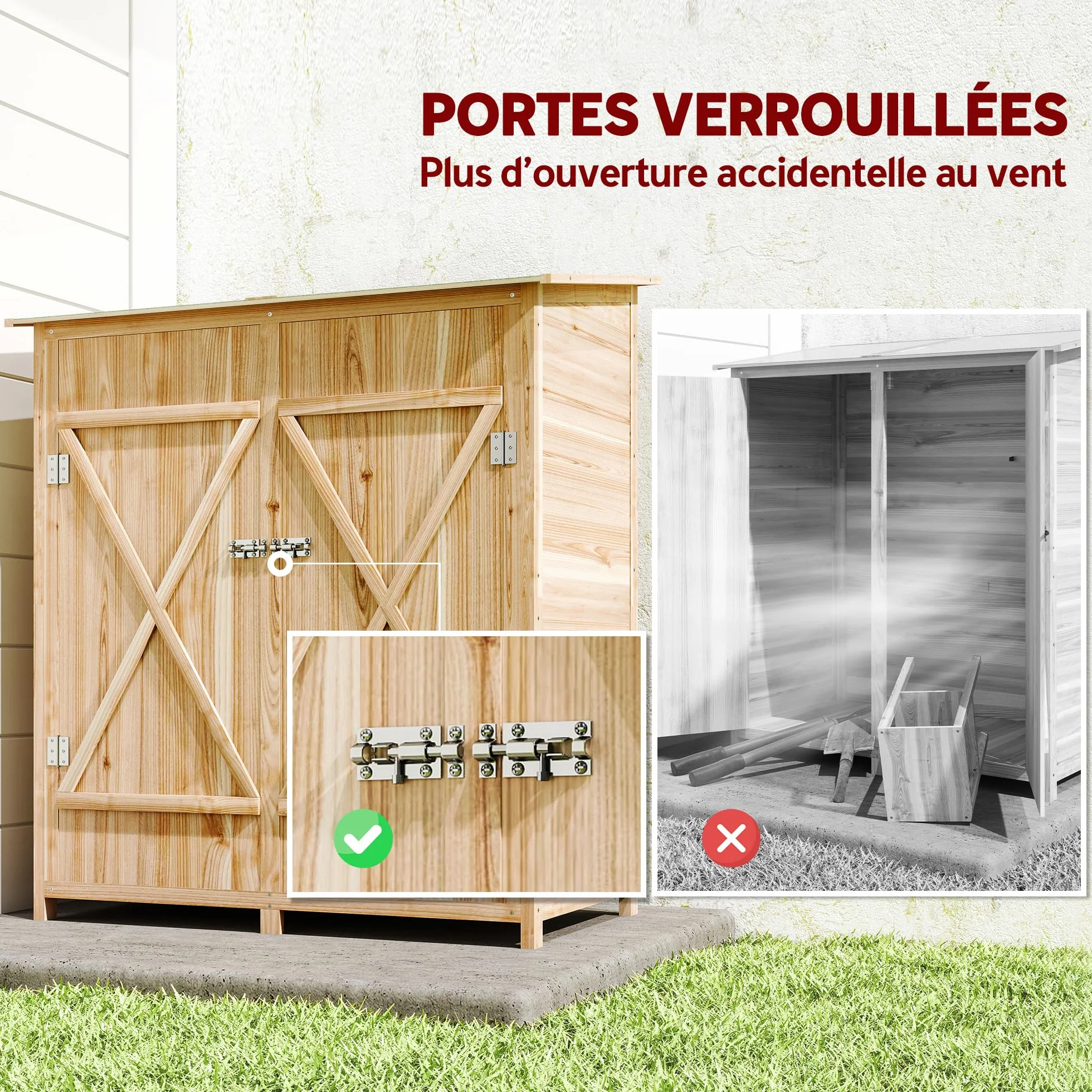 Outsunny Armoire de Jardin Cabane à Outils 2 Portes verrouillables Toit en Bitume imperméable Bois de Sapin 140x75x157 cm