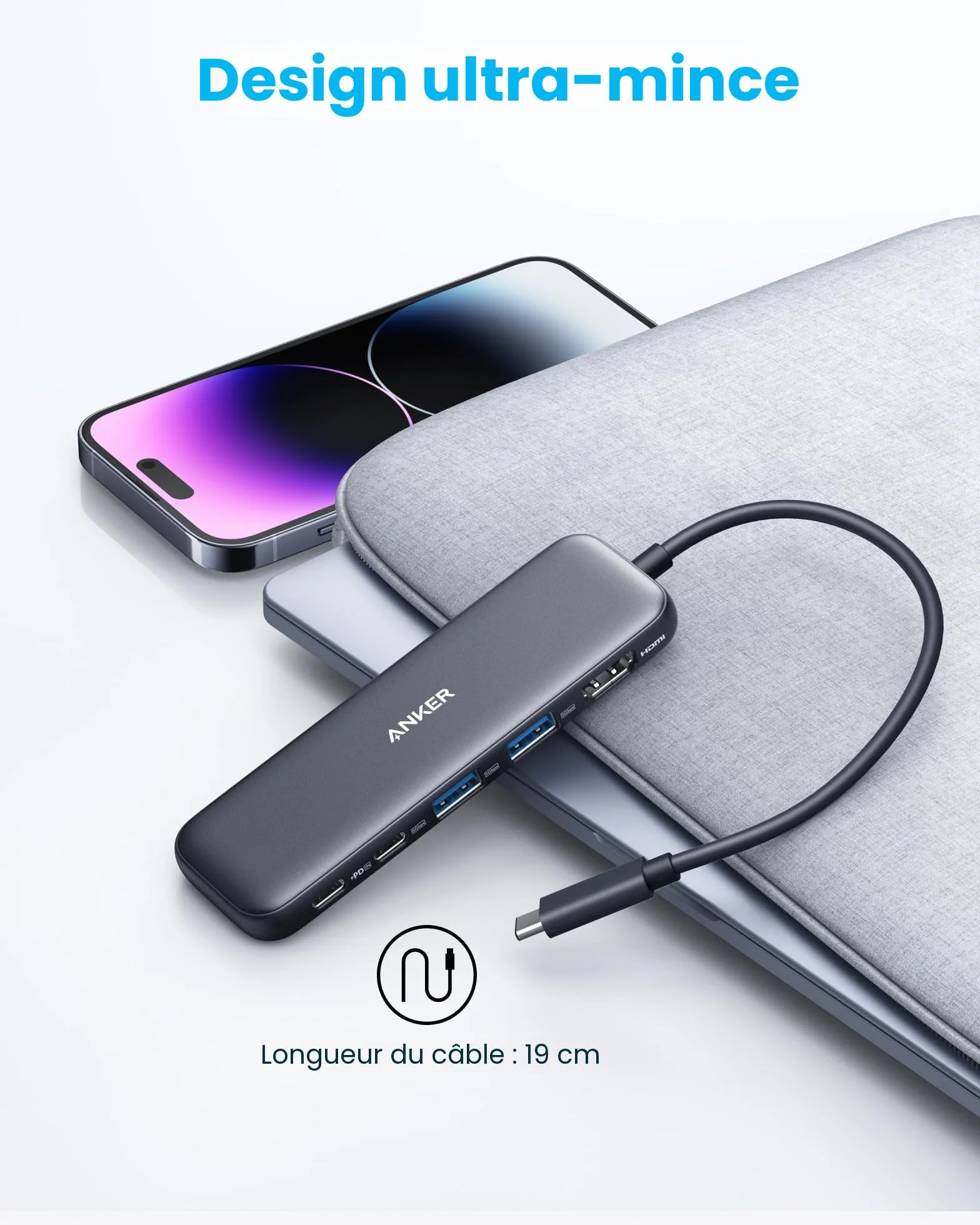 Anker 332 Hub USB C 5 en 1 avec écran HDMI 4K, Port de données 5 Gbit/s et 2 Ports USB A pour MacBook Pro