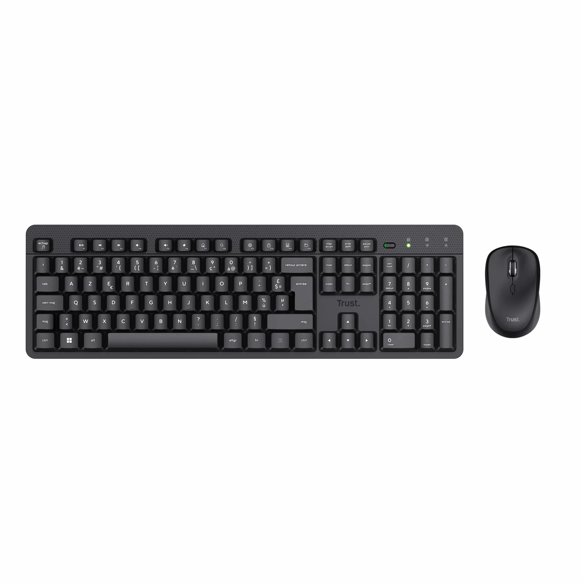 Trust Ymo II Pack Clavier et Souris sans Fil AZERTY Français Silencieux, Résistant aux Éclaboussures, Récepteur USB Unique, Noir
