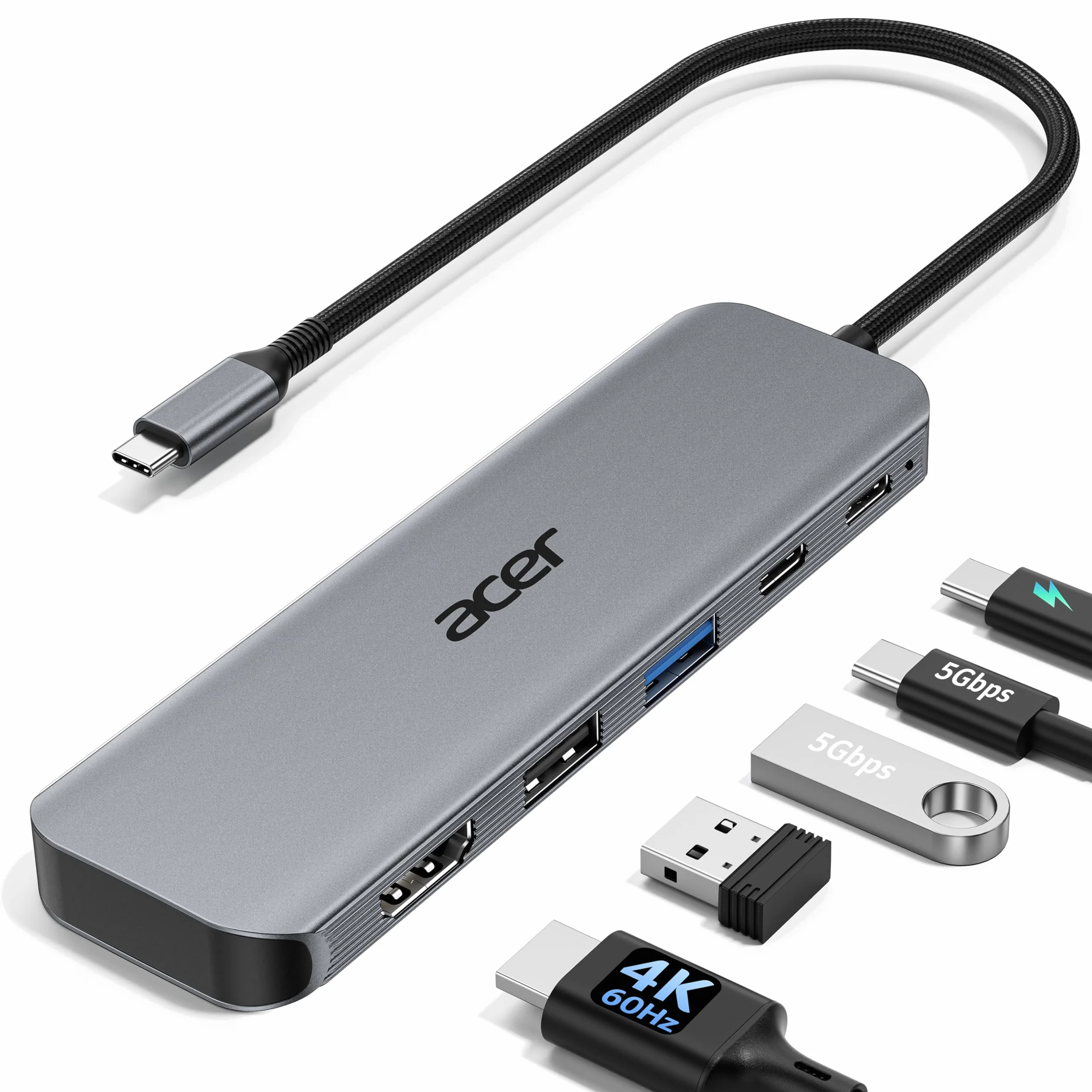 Acer Hub USB C 5 en 1, Adaptateur USB-C vers HDMI 4K@60Hz, USB A/C 5 Gbps, Charge PD 100W, Aluminium+Nylon pour MacBook, iPad Pro/Air