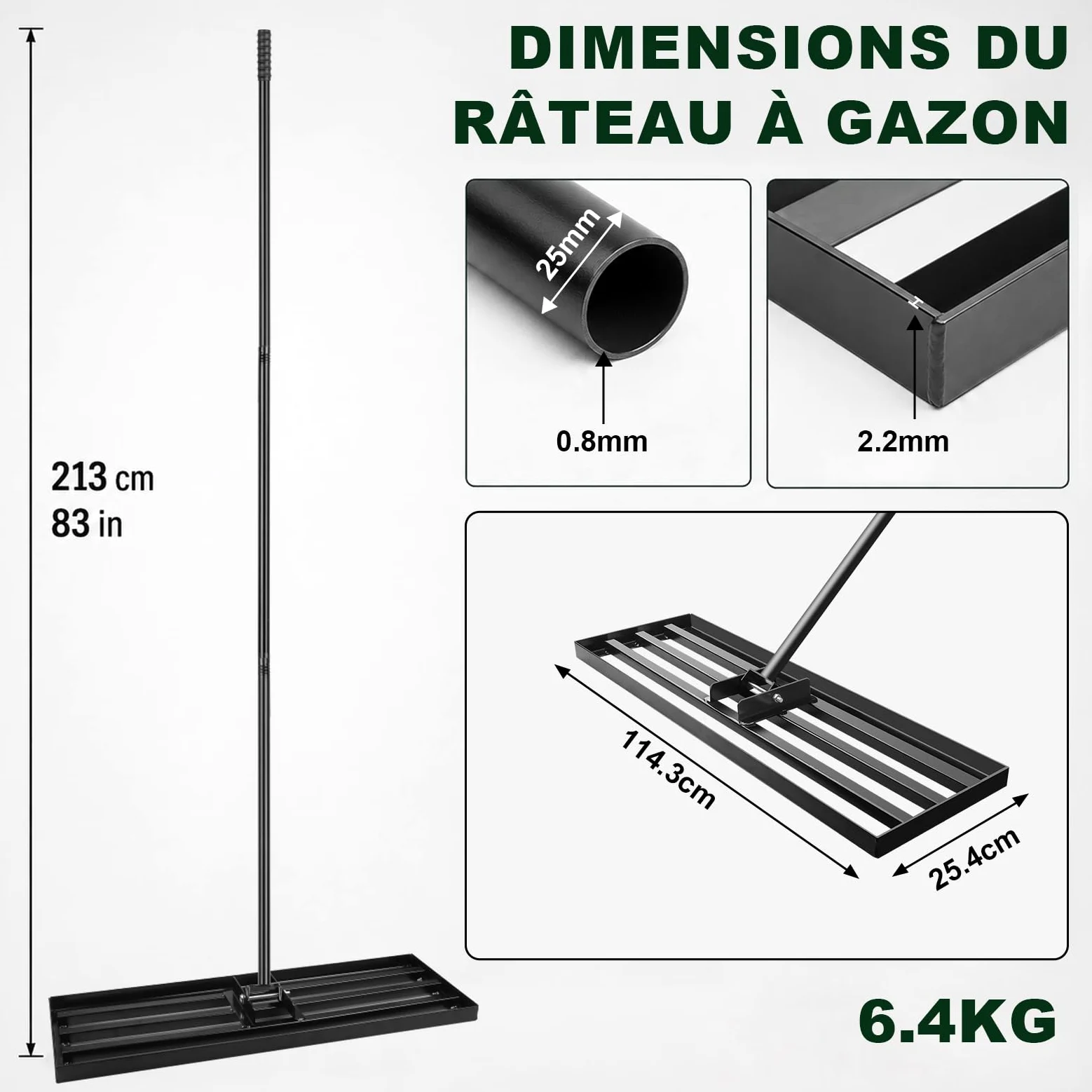 Râteau Niveleur de Gazon 114,3 × 25,4 cm avec Manche en Acier Inoxydable 213 cm, Râteau de Nivellement Extra Large pour Pelouse, Terre, Sable et Terreau, Outil de Jardin Robuste pour Grandes Surfaces