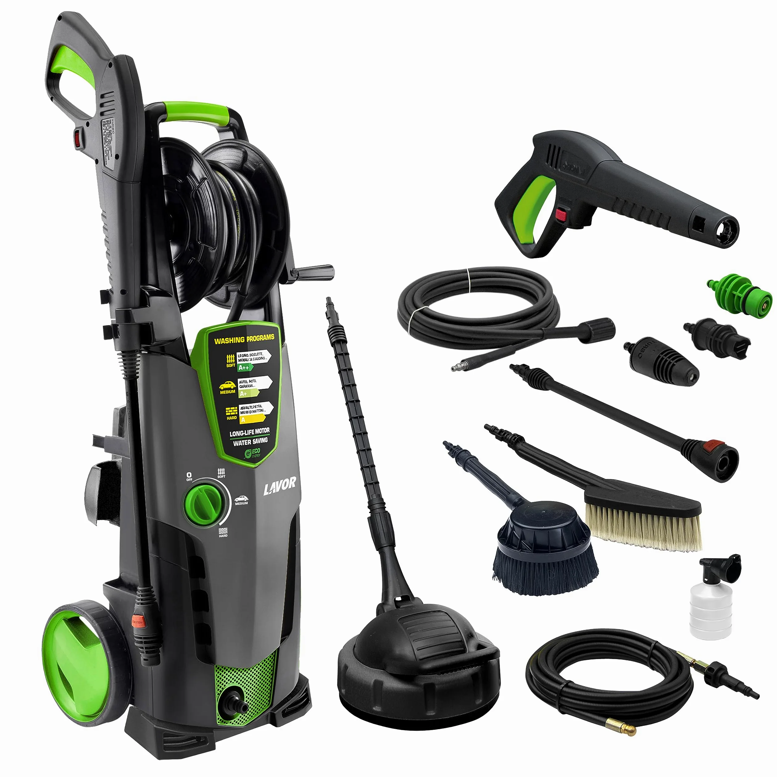Lavor Nettoyeur Haute Pression STM 160 WPS avec Programmes de Lavage WPS, Enrouleur Flexible, 2 Brosses, Lave Sols et Déboucheur 6 m, Puissance 160 Bar Max, Débit 510 l/h Max, Moteur 2500W