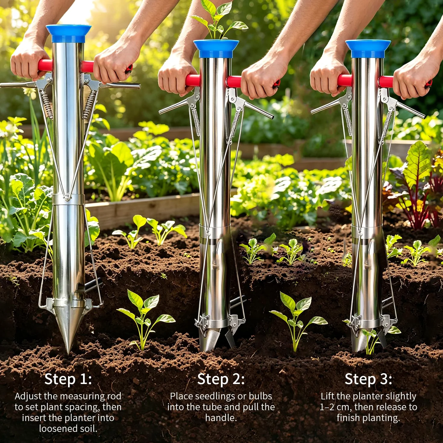 BAUSATZ Lot de 2 outils de transplantation de bulbes de jardin, outil de jardinière de bulbes de 86,4 cm de long, en acier inoxydable, pour transplanter des légumes, planteur de semis | Lot de 2 pièces