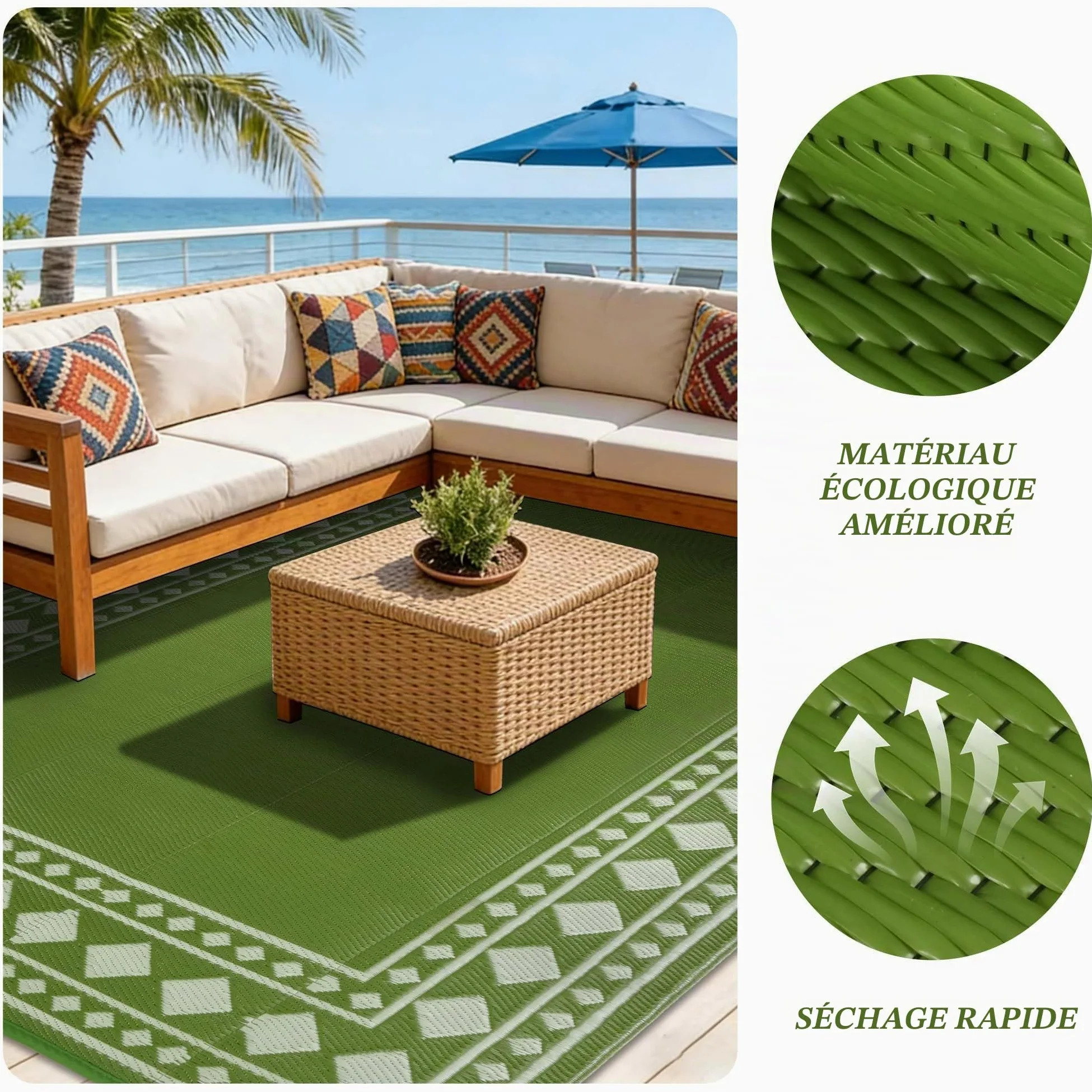 Homcomodar Tapis d'extérieur résistant aux intempéries, 180 x 270 cm, réversible, perméable à l'eau, tapis en plastique pour camping, terrasse, jardin, tente, pique-nique, vert