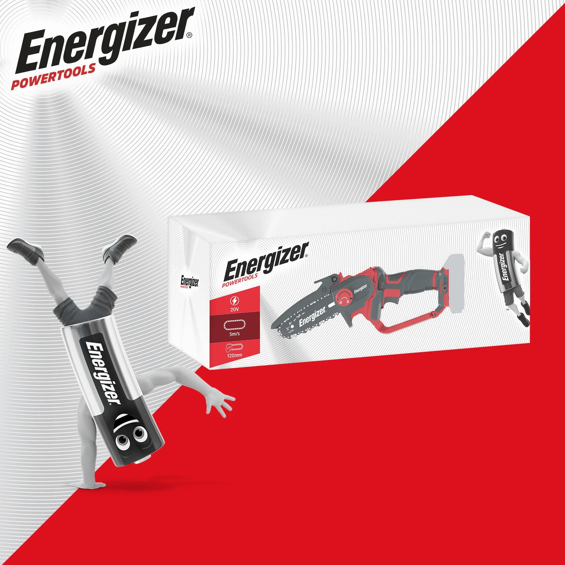 Energizer – Tronçonneuse Sans Fil 20V, Lame 120 mm – Vitesse 5 m/s – Ultra Compacte, Poignée Soft Grip – 2 Chaînes + Huile Incluses – Inclus 2 Batteries 2AH + Chargeur rapide Idéale Élagage, Jardinage