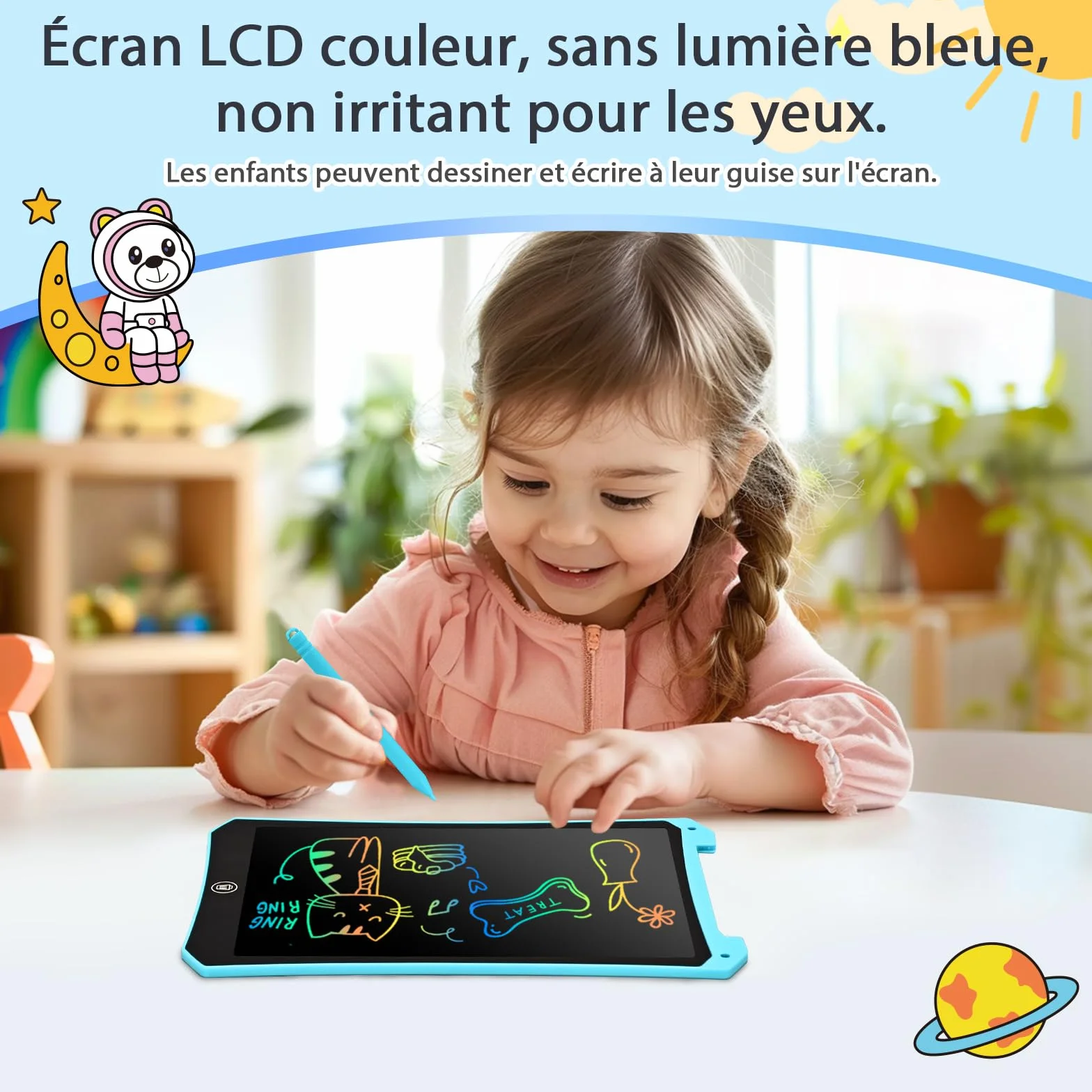 BlueSwan Tablette Magique Enfant 10 Pouces LCD, Jouet Voyage Avion Voiture, Cadeau Rentrée Anniversaire Noël (Bleu+Rose)