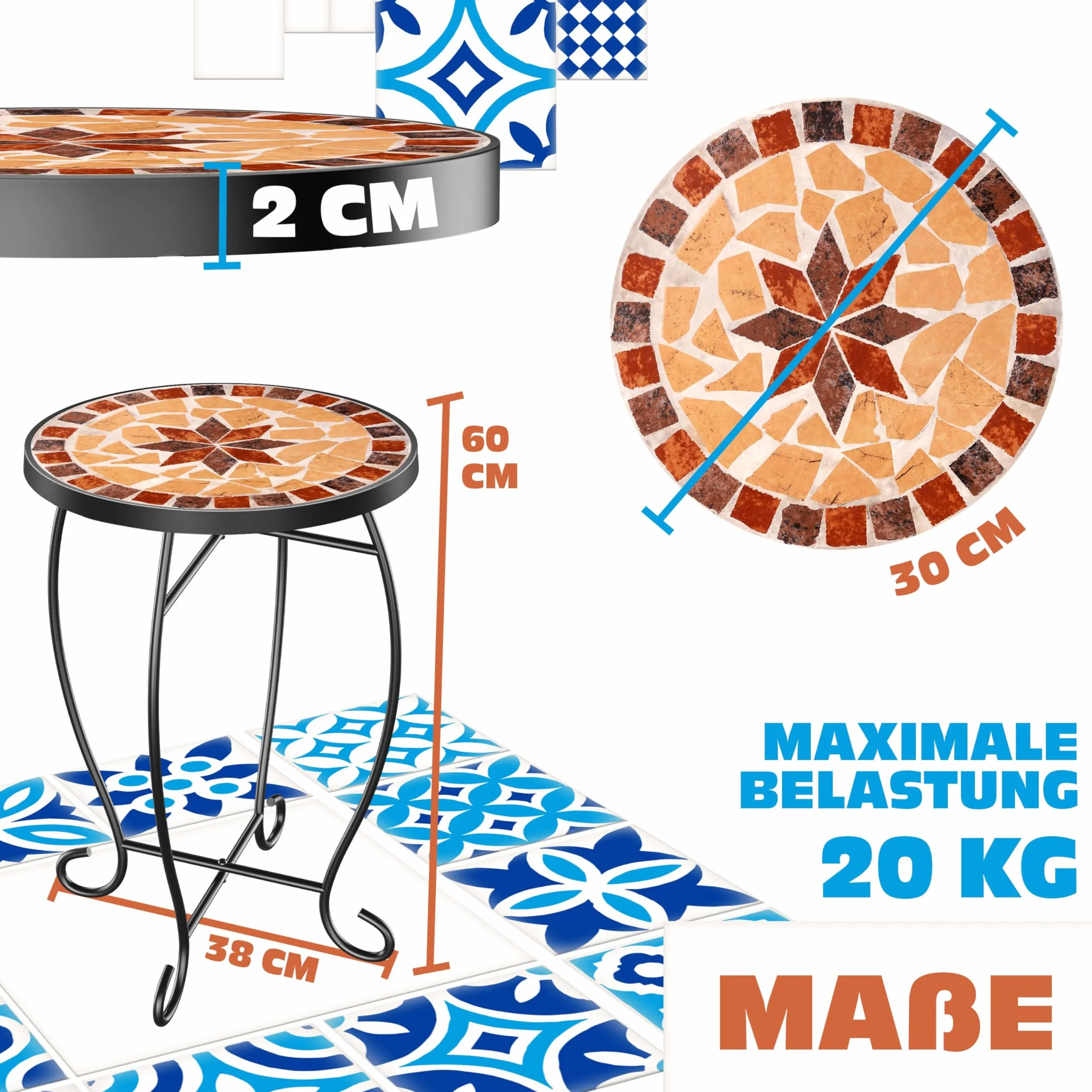 KESSER Table de bistrot ronde en mosaïque 60 x 34 cm métal jardin intérieur extérieur