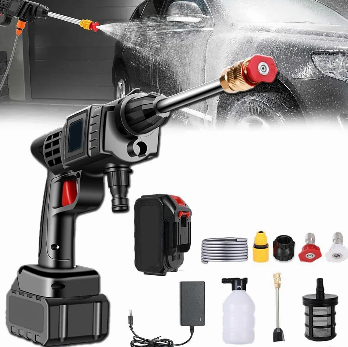 90 Bar Nettoyeur Haute Pression sans Fil, Longue Autonomie, avec Buse | Réglage Intelligent de la Pression, avec Tuyau de 5 m, 3 Modes de Nettoyage, pour Nettoyage Voiture, Jardin et Arrosage